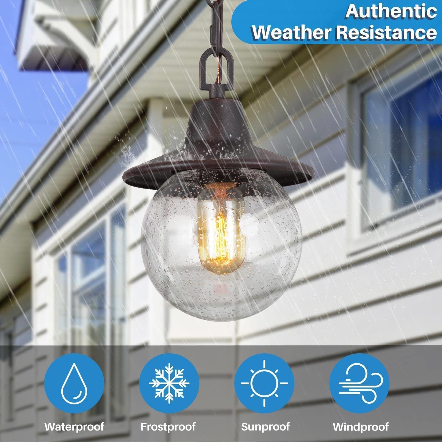 Outdoor Pendant Light Fixture, Farmhouse Exterior Globe Anti-Rust Hanging Lights with Adjustable Chain, Bronze Ceiling Outdoor Lantern Light with Seeded Glass for Front Door, Entry, Porch, and Gazebo