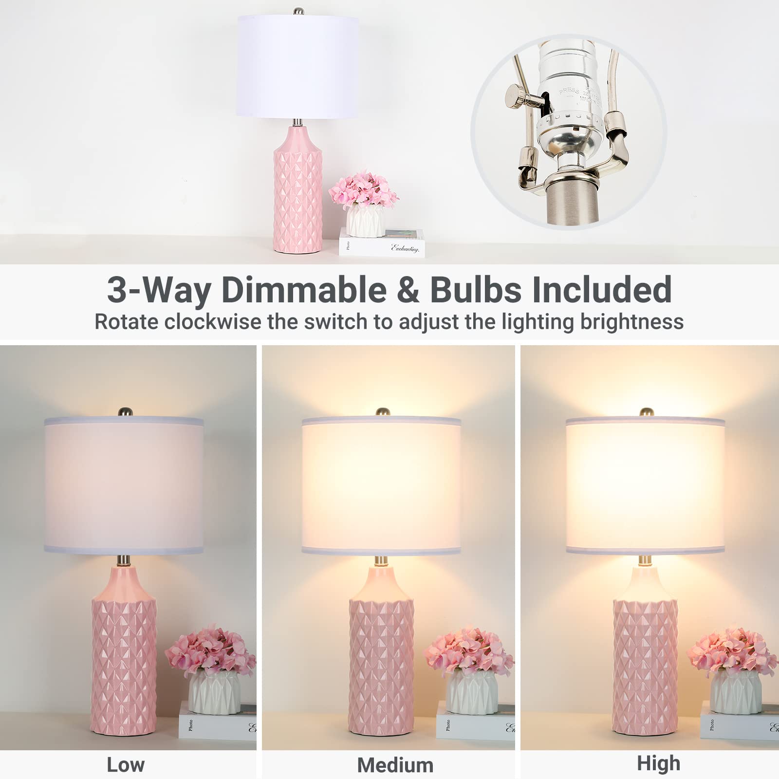 Ceramic Table Lamps Set of 2, White Modern Bedside Lamp 25" Nightstand Lamp 3-Way Dimmable Lamp for Bedroom Living Room End Table Lamp Farmhouse Lamp Side Table Lamp, Bulbs Included