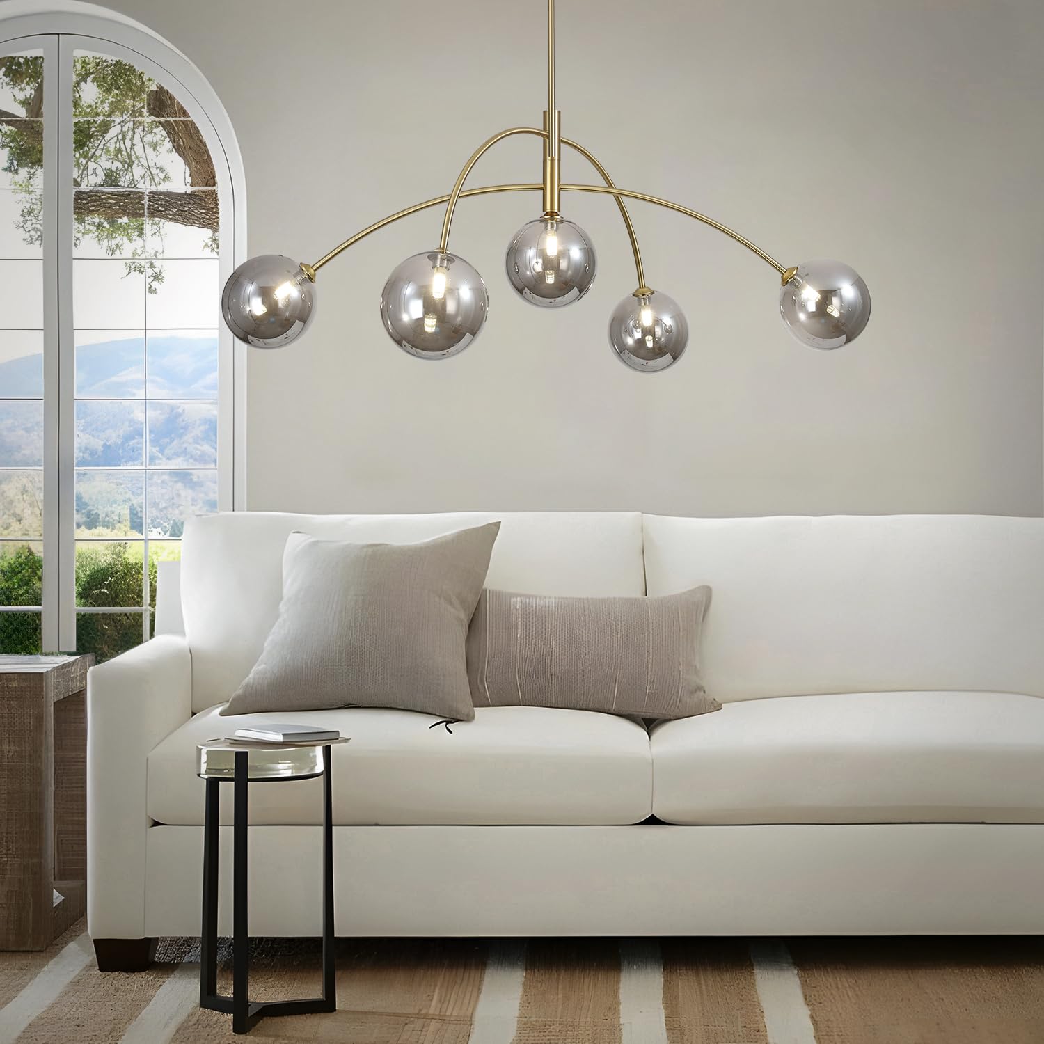 5 Light Modern Brass Chandelier Fixture White Clear Globe Glass Shade Pendant Light Gold Kitchen Ceiling Large Chandelier for Dining Room Kitchen Bedroom