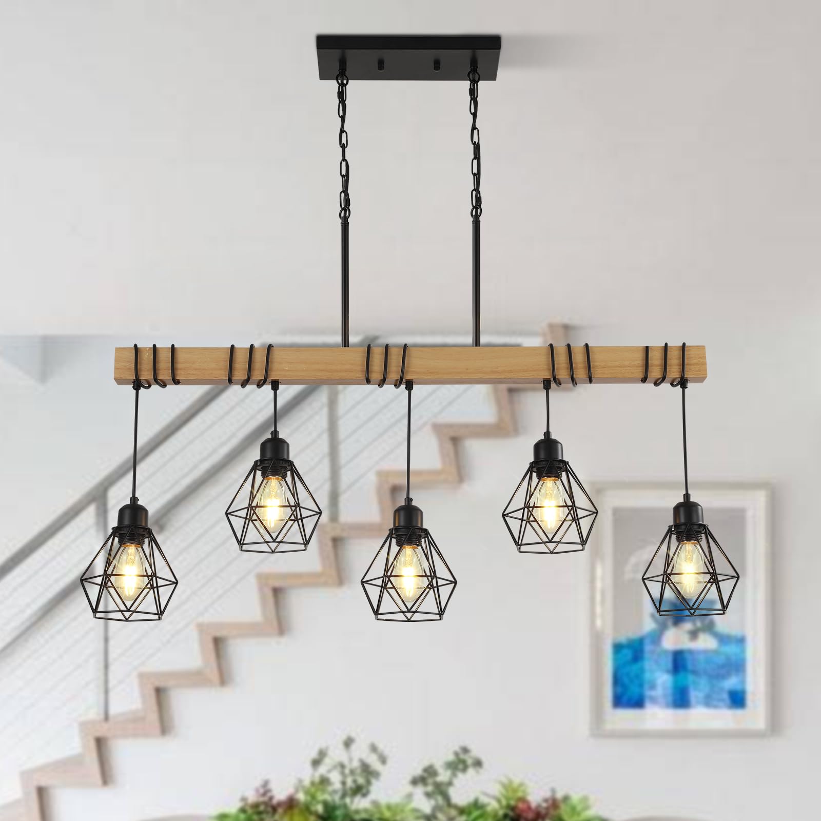 5-Light Kitchen Island Lighting,Modern Chandelier Over Table, Dining Room Light Fixture Hanging for Modern Farmhouse Linear Chandeliers Black Rustic Wood Ceiling Pendant Light Fixtures