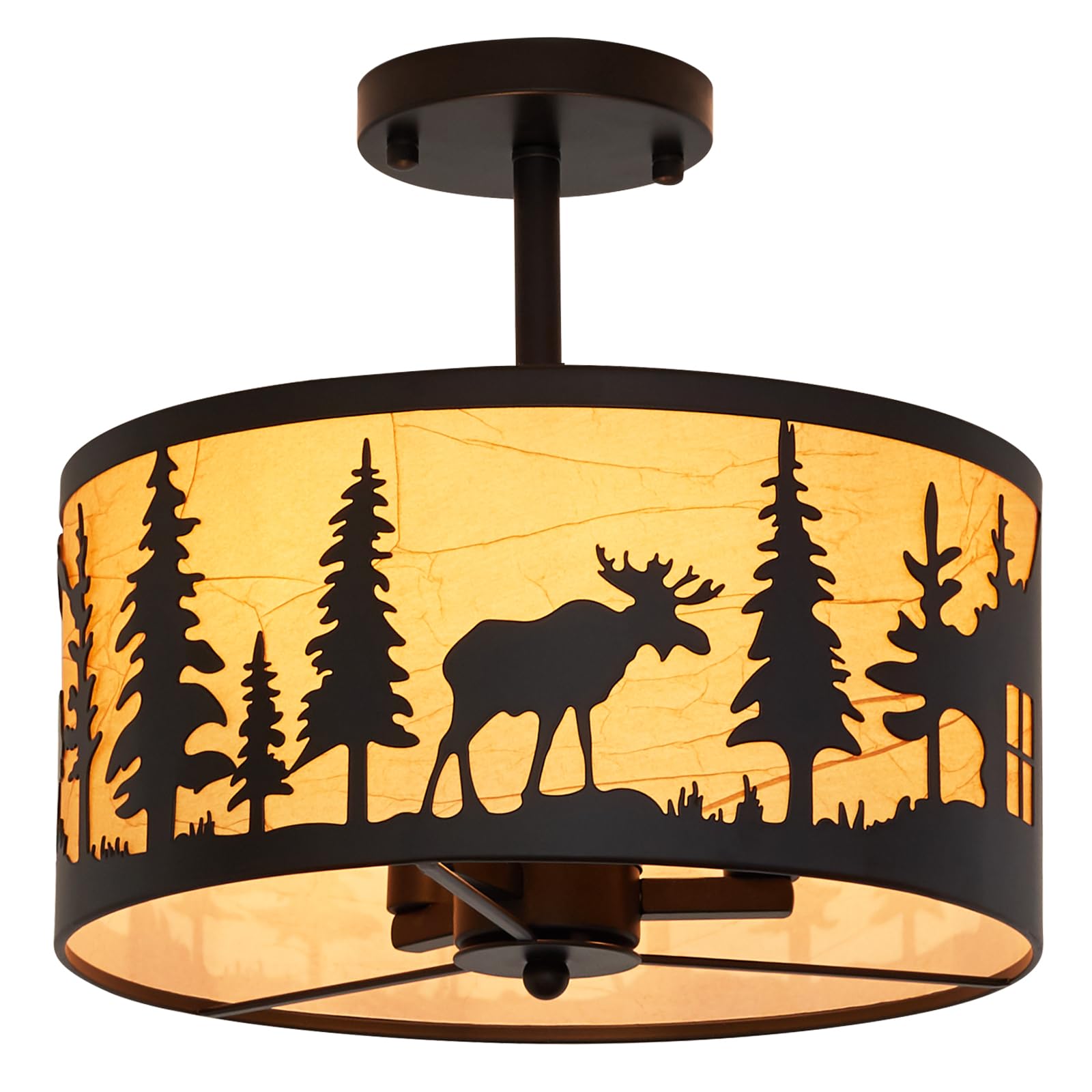 Rustic Semi-Flush Mount Ceiling Light Fixture,3-Light E12 Base Black Round Farmhouse Metal Light Fixtures for Kitchen, Hallway, Living Room, Industrial Style with Deer, Bear, Tree Design -Frame