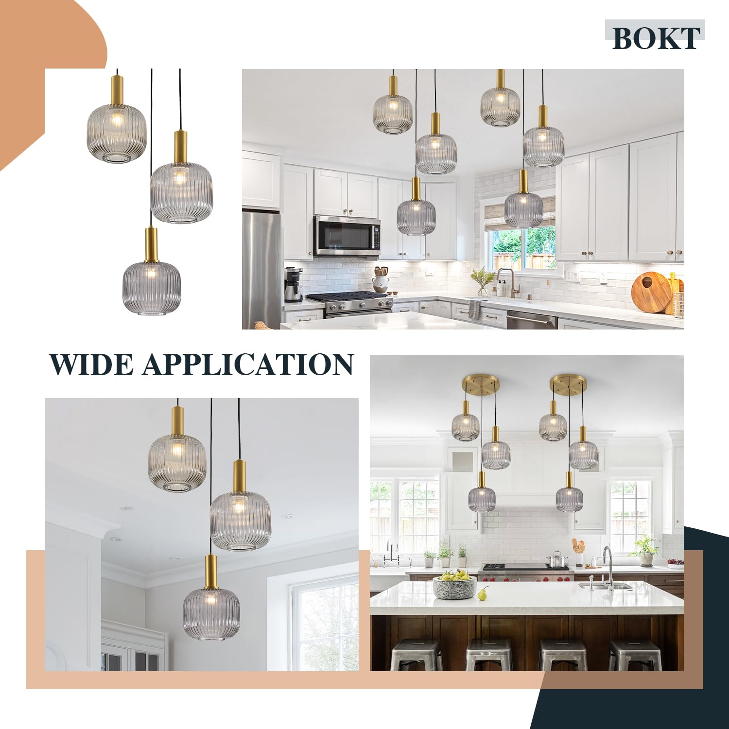 BOKT Modern Smokey Gray Glass Globe Pendant Light Adjustable 3-Light Cluster Pendant Lights Open Glass Kitchen Island Pendant Chandelier Vintage Multi Light Pendant Lighting Cluster Chandeliers