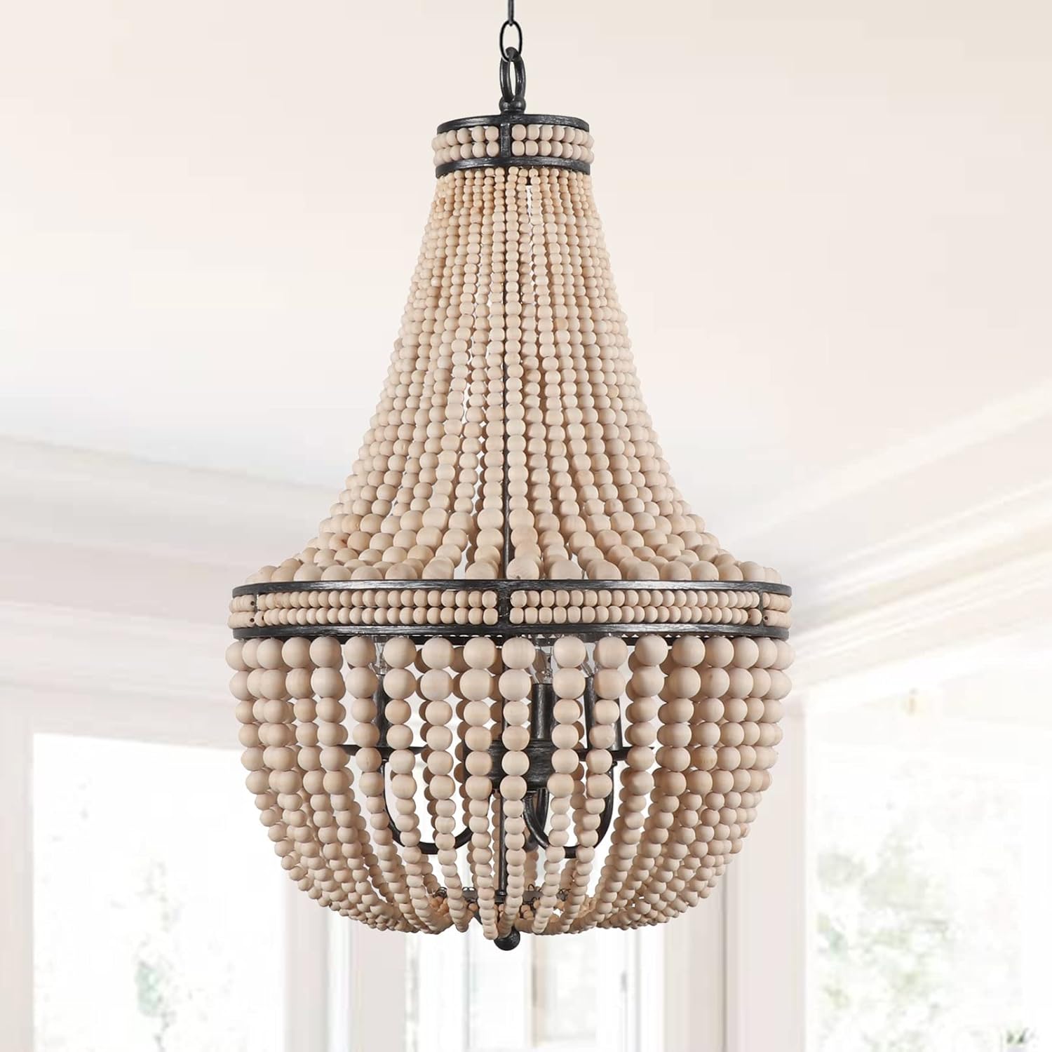 Farmhouse Wood Beaded Chandelier Boho Light Fixture, Oak White Wooden Bead Chandeliers Rustic Kitchen Island Hanging Pendant 3 Lights Fixtures for Dining&Living Room, Bedroom, Entryway