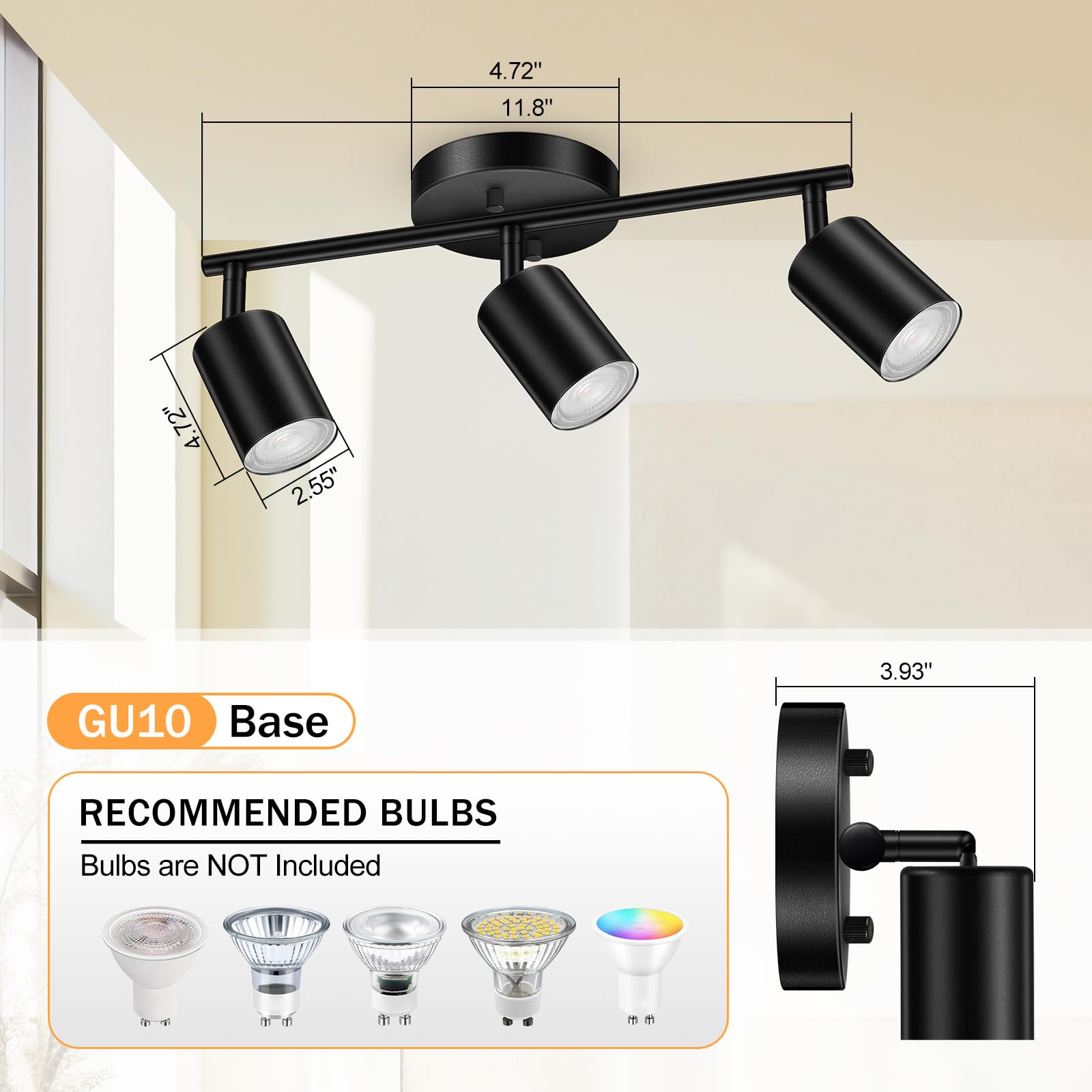 LED 2 Light Track Lighting Kit, Black 2 Way Ceiling Spot Lighting, Flexibly Rotatable Light Head for Kitchen, Living Room, Bedroom, GU10 Bulb Not Included