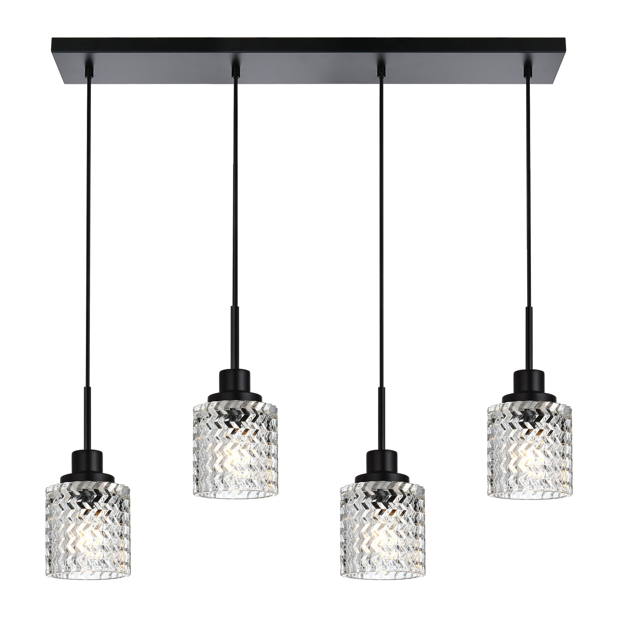 6 Lights Linear Chandeliers for Dining Room, Black Island Lighting Fixture Hanging Pendant Lights with Hammered Glass Shade for Kitchen Island, Dining Hall, Bar