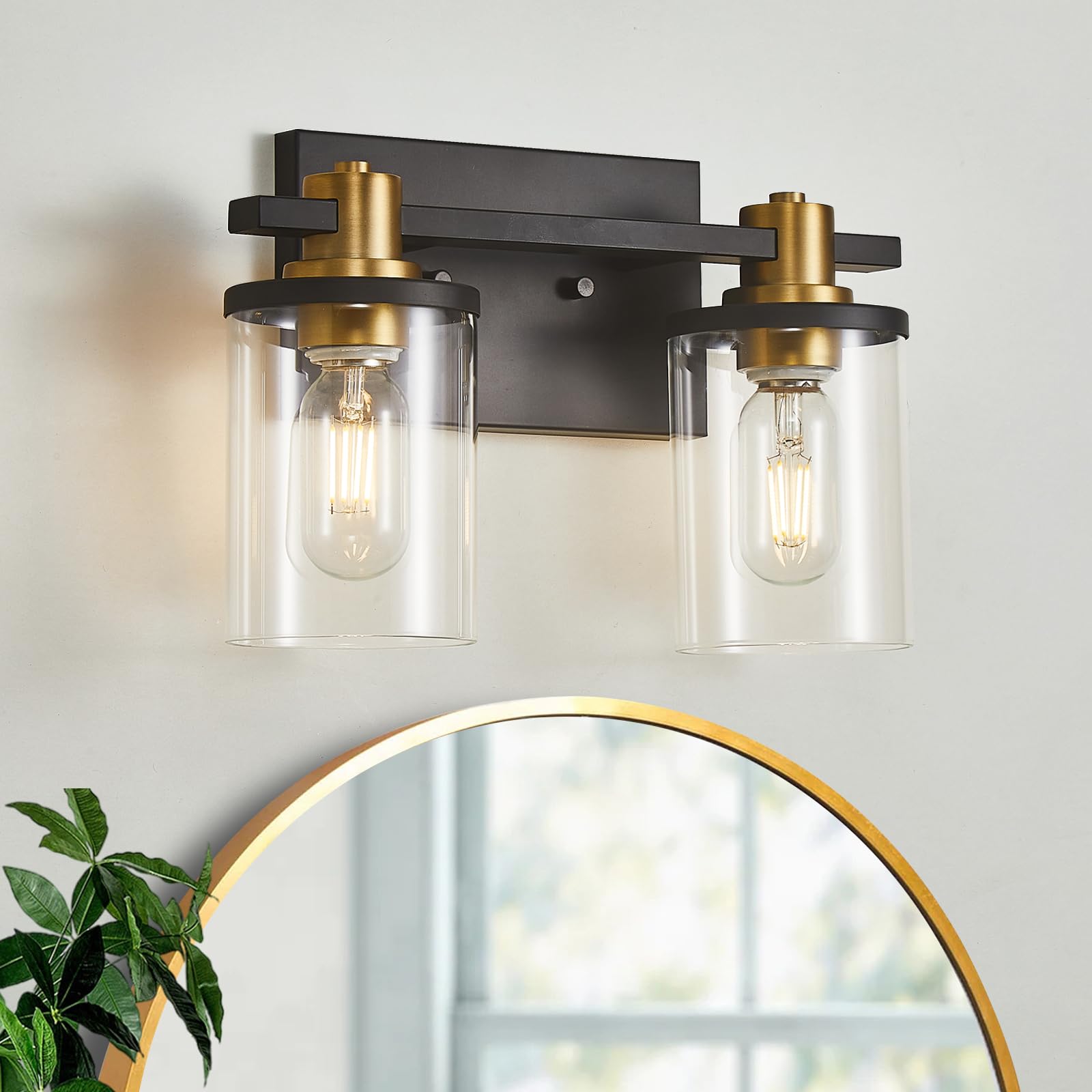 3 Light Bathroom Vanity Light, Black and Gold Bathroom Light Fixtures with Clear Glass Shade, Matte Black Finish, Brushed Gold Copper Accent Socket, Modern Gold Vanity Lights for Bathroom Over Mirror