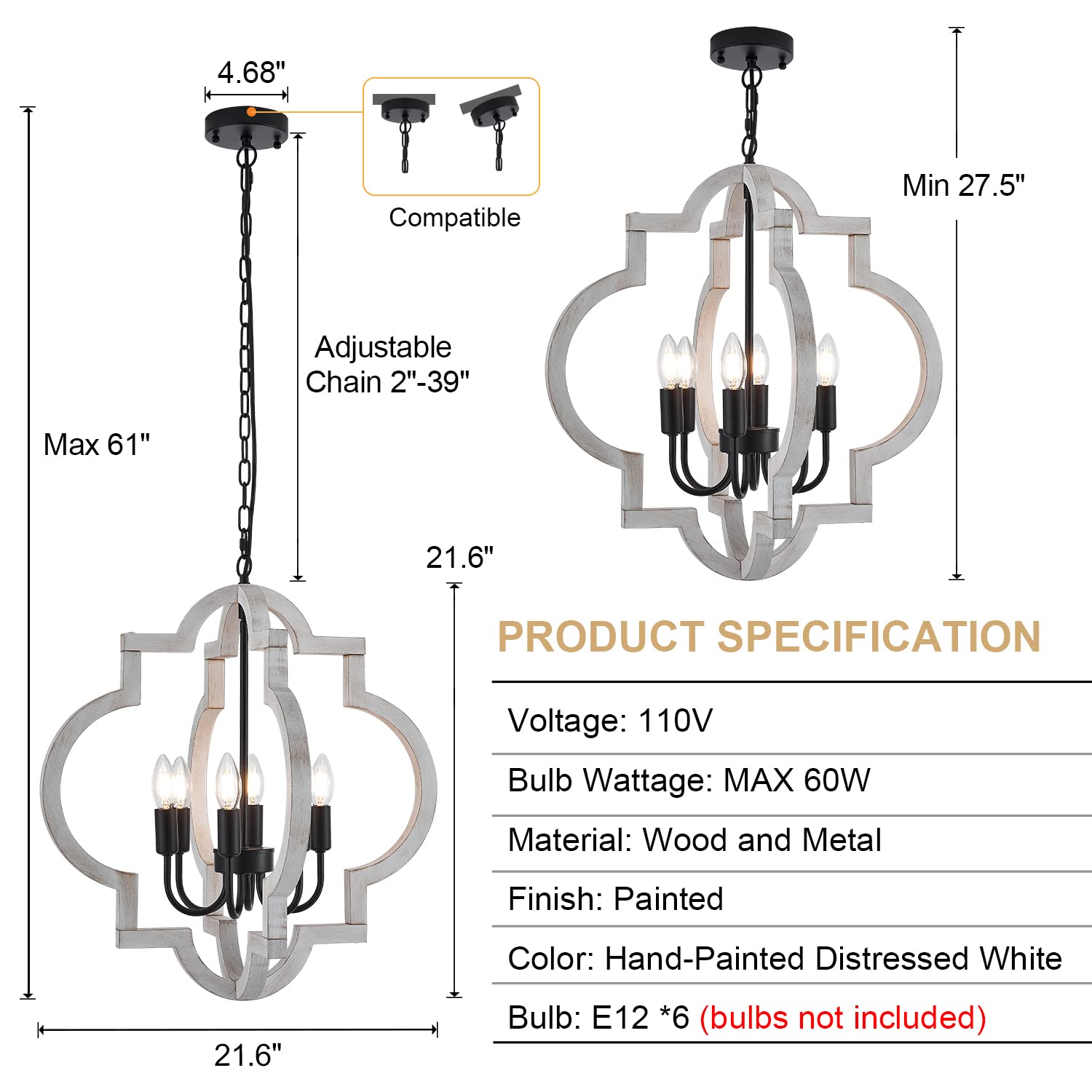 6-Light 21" Farmhouse Orb Chandelier Rustic Handmade Distressed White Wood Hanging Ceiling Pendant Light Fixture Wood Lantern Chandeliers for Dining Room Kitchen Bedroom Foyer Hallway