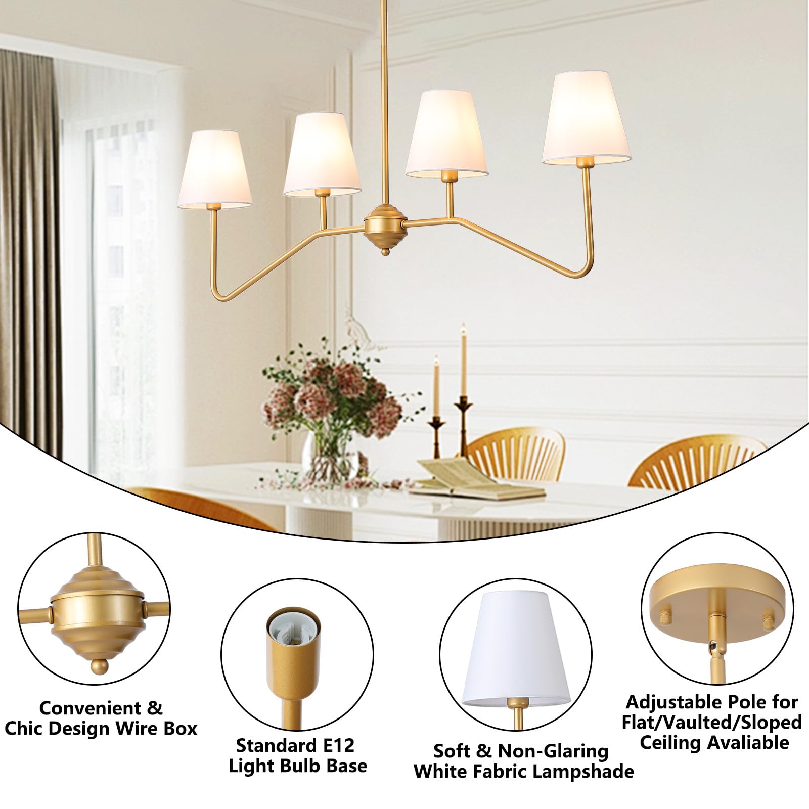 30.5" 5 Arms Gold Chandelier, 5 Lights Kitchen Island Lighting with White Fabric Shade,Dining Room Light Fixture for Hallway Entryway Foyer Living Room，E12.