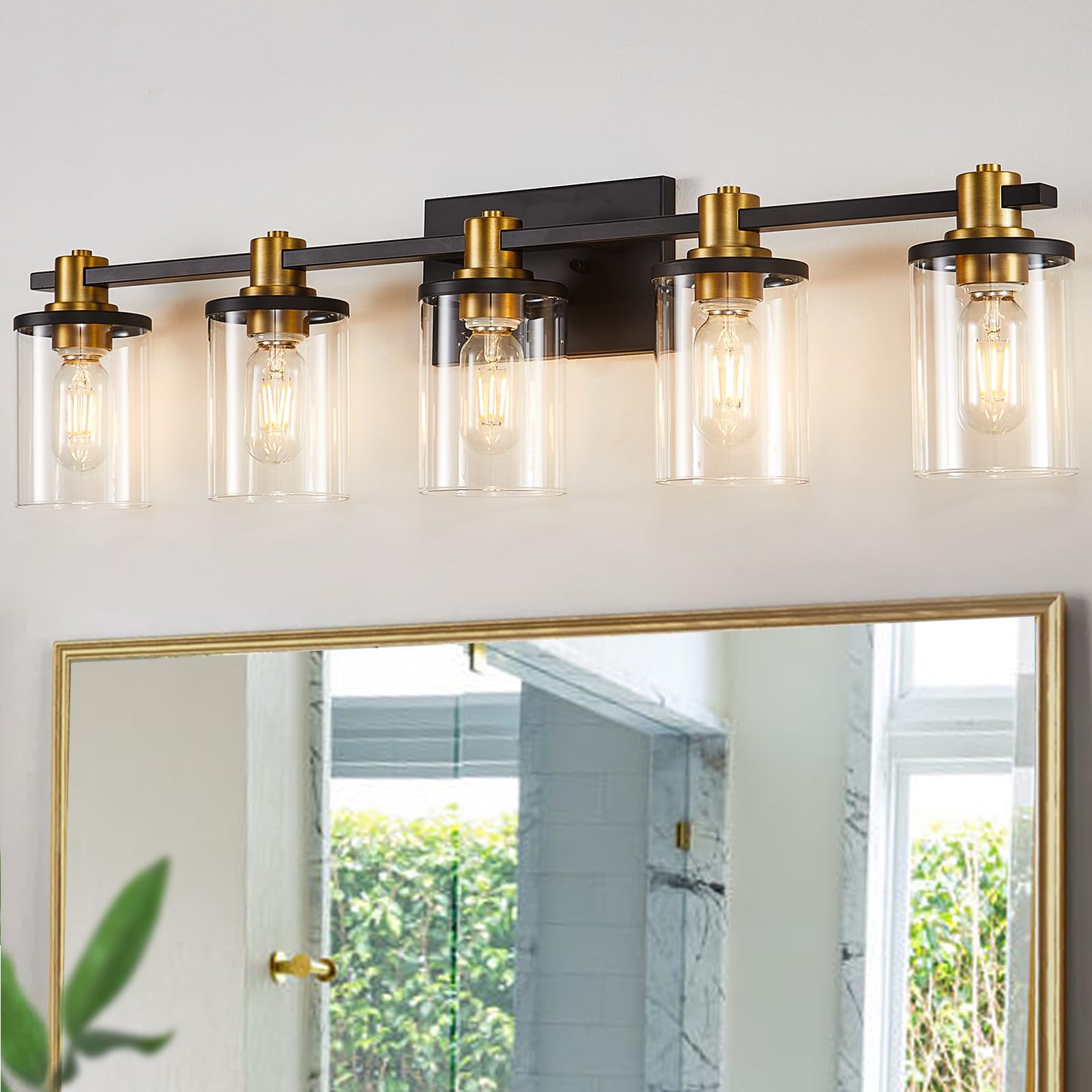 3 Light Bathroom Vanity Light, Black and Gold Bathroom Light Fixtures with Clear Glass Shade, Matte Black Finish, Brushed Gold Copper Accent Socket, Modern Gold Vanity Lights for Bathroom Over Mirror