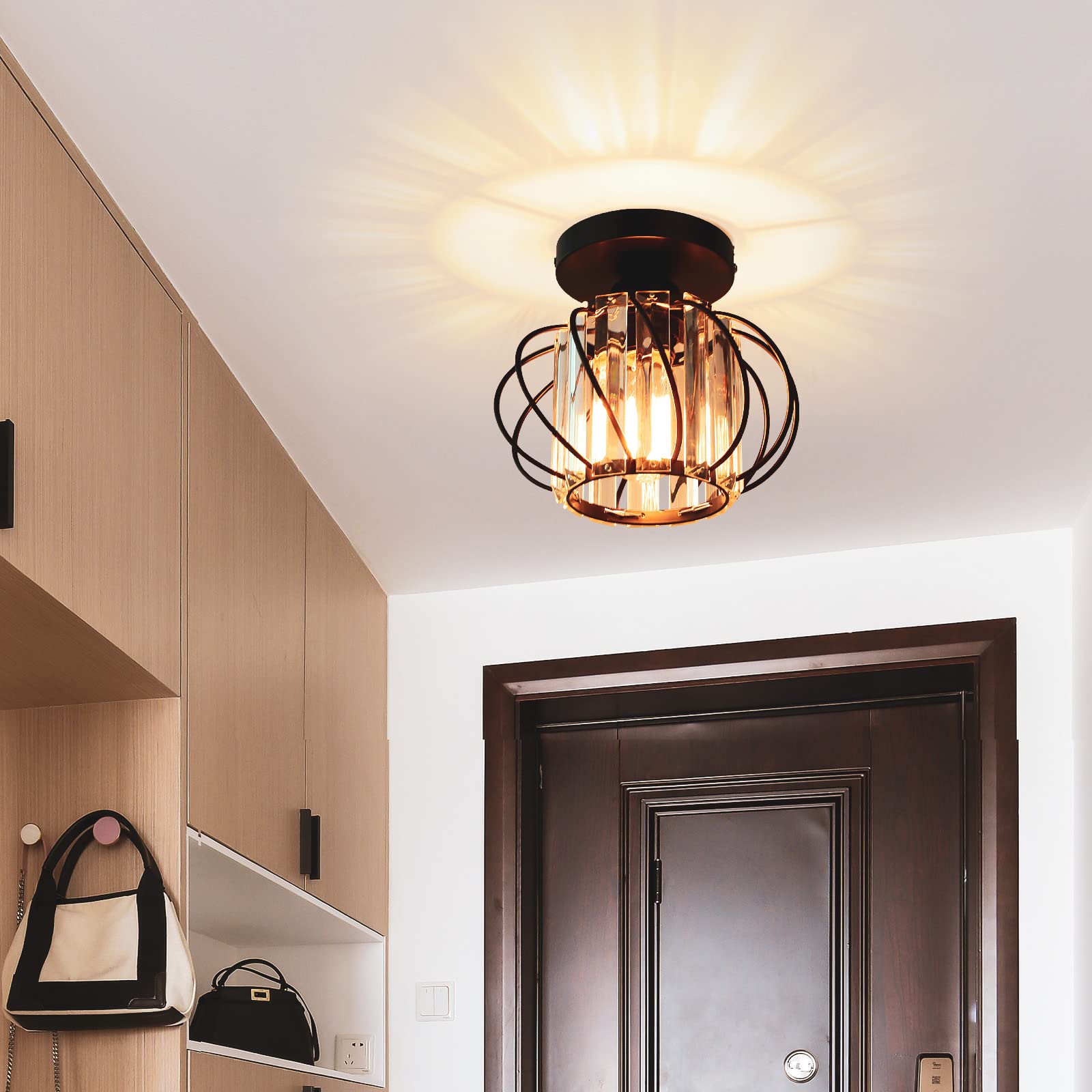 Semi Flush Mount Ceiling Light - Gold Light Fixture Flush Mount Light Metal Cage Close to Ceiling Light fixtures Hallway Light Fixtures Ceiling for Bedroom Living Room Kitchen Bathroom Entryway