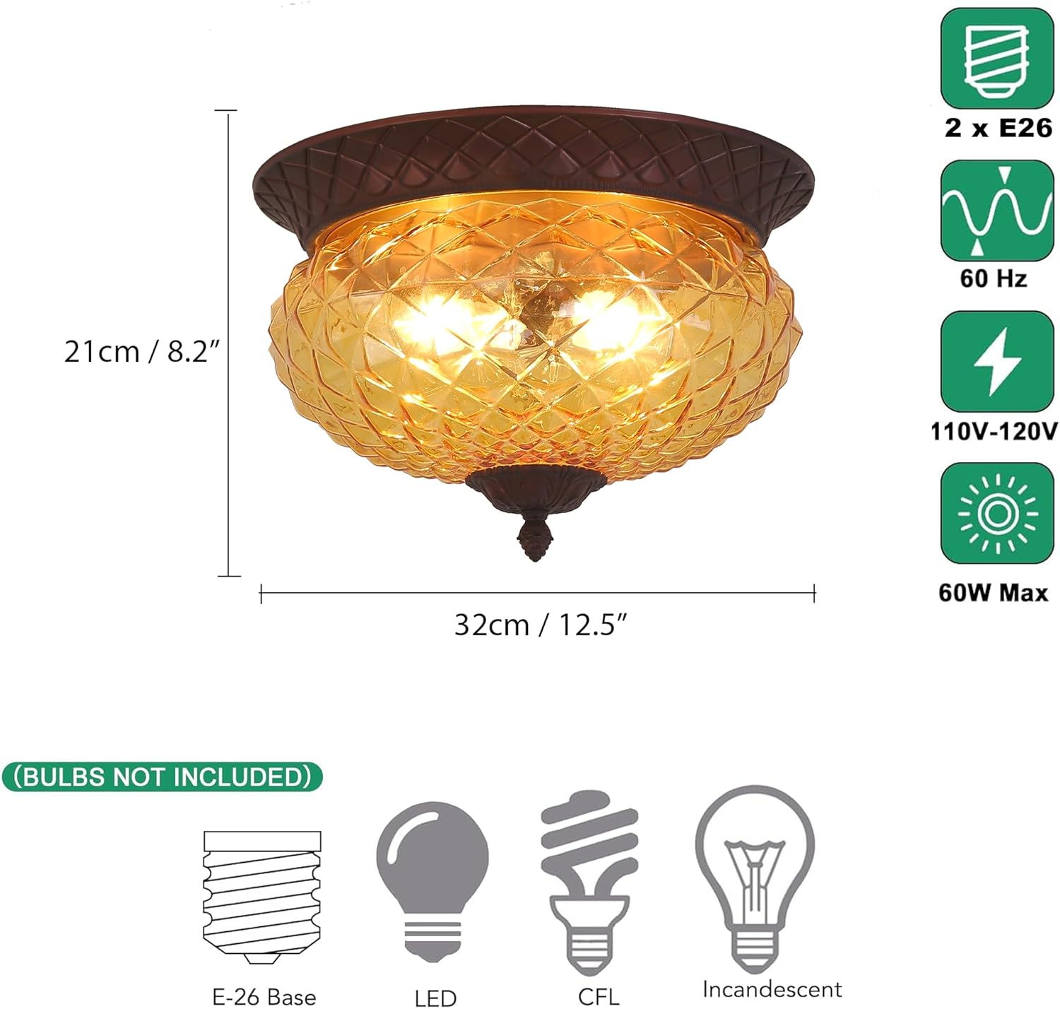 Mid Century Modern Semi Flush Mount Ceiling Light, 12.5” Vintage Two Light Close to Ceiling Light Fixture with Amber Glass, Traditional Light Fixture for Bedroom, Hallway, Kitchen