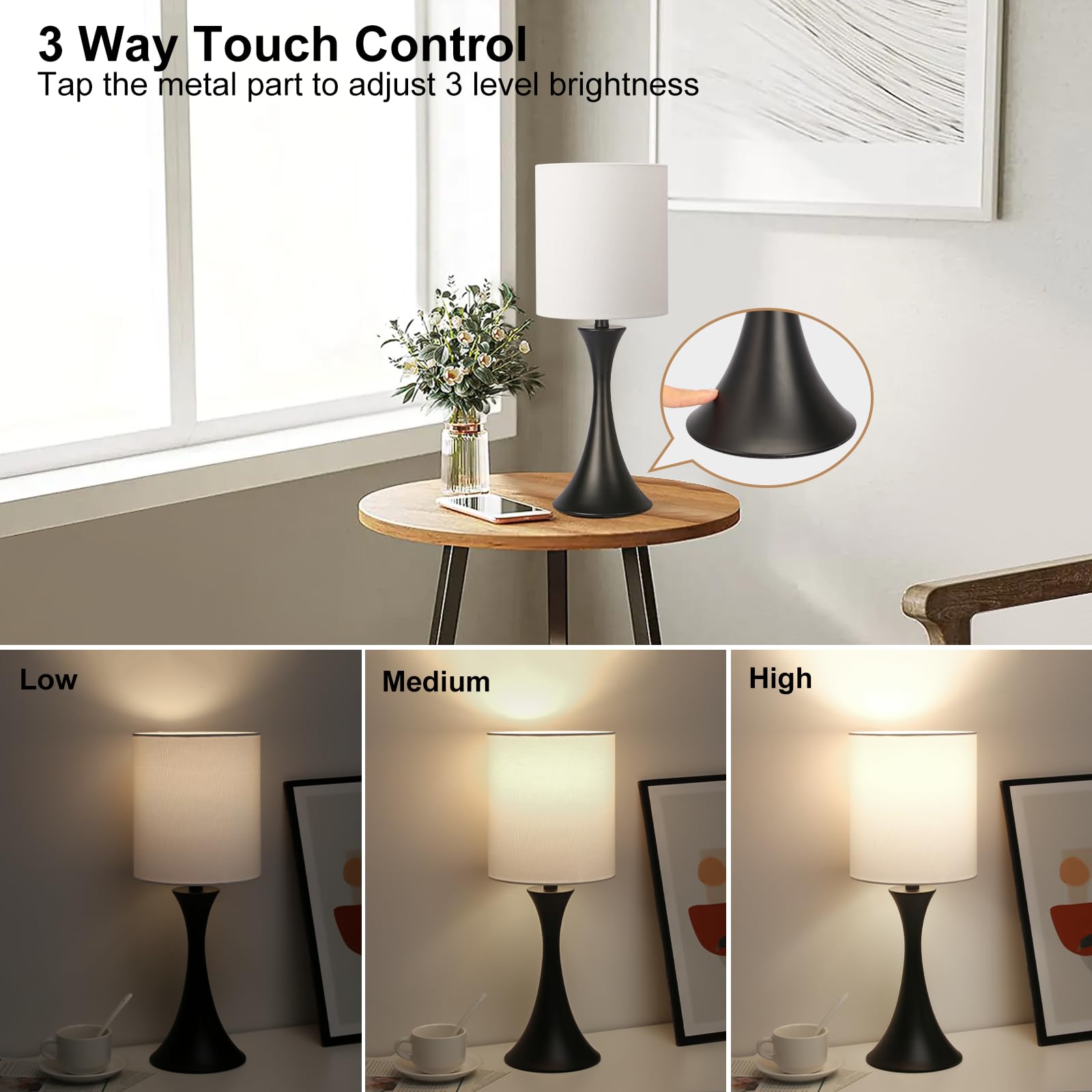 3 Way Touch Control Table Lamp, Dimmable Bedside Desk Lamp with Metal Base Modern Nightstand Lamp Stylish Grey Shade Simple Side Table Lamp for Bedroom, Living Room, Office or Den LED Bulb Included