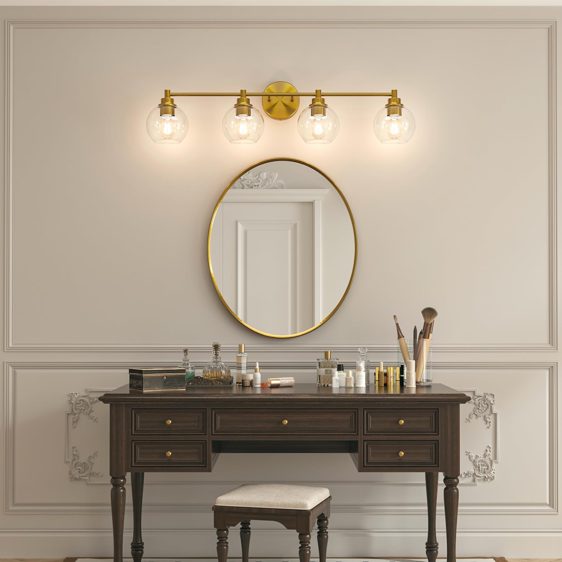 Bathroom Light Fixtures, 2-Light Bathroom Vanity Light with Globe Glass Shades E26 Sockets, Bathroom Lights Over Mirror for Bedroom Hallway Living Room, Gold Finish