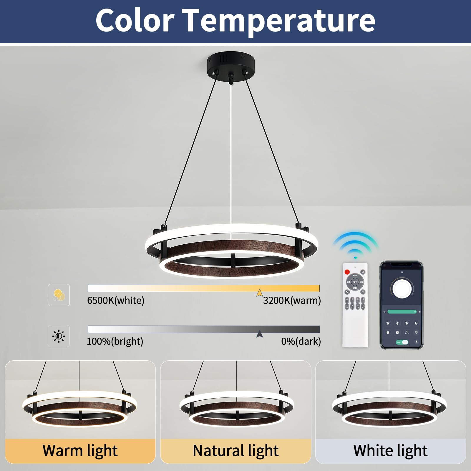 Modern LED Pendant Light 2 Ring Contemporary Chandelier Black and Wooden Hanging Light Fixture for Kitchen Table Dining Room Bedroom Entryway Living Room