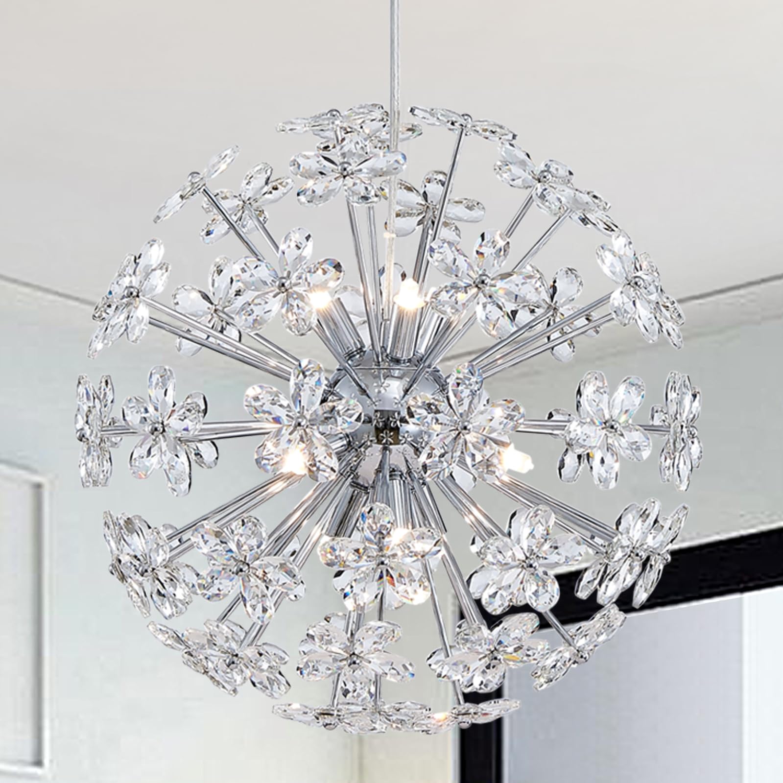 Dandelion Crystal Chandeliers, Modern Design, Firework Pendant Light Fixture for Living Space, H17'' x D17'', Adjustable Chains 59'', G9*9 Sockets, Brilliant Gold Finish Frame