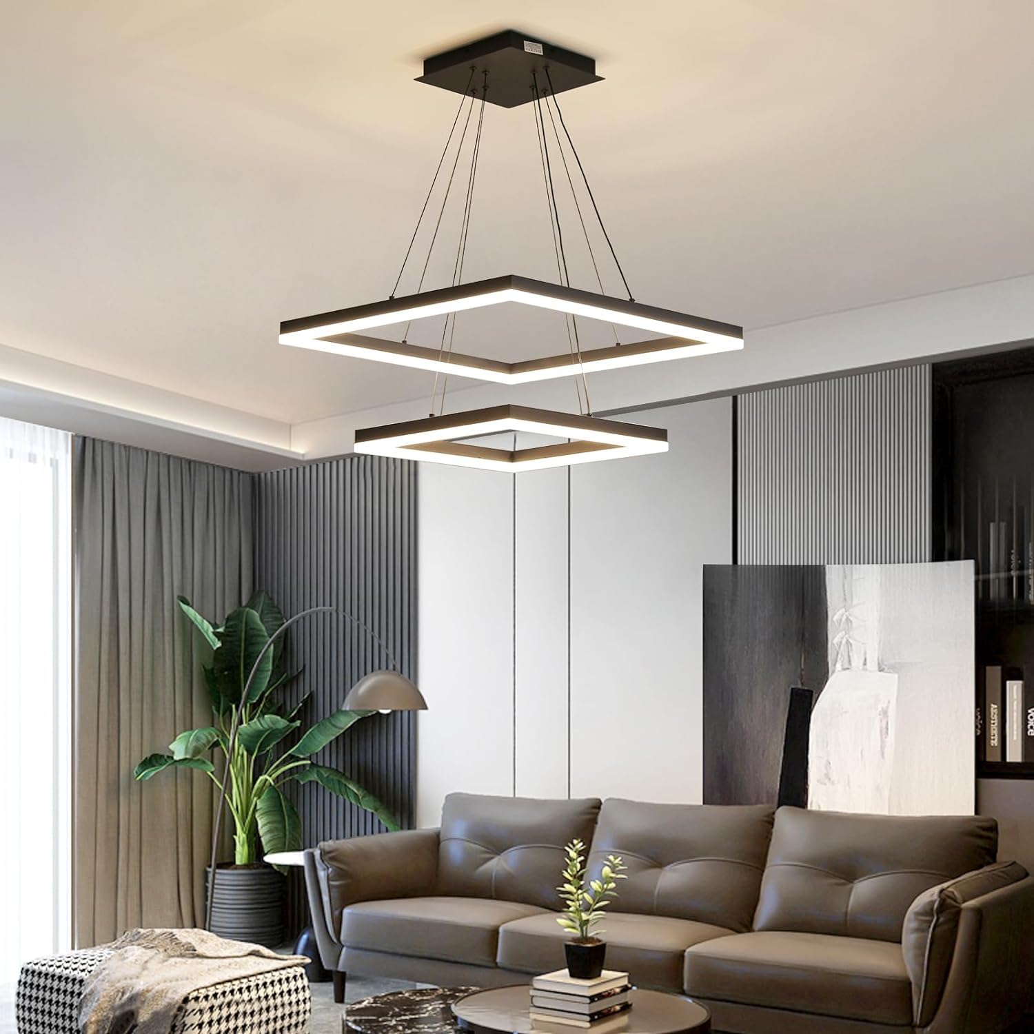 Modern LED Chandelier, Double Rectangles Ceiling Pendant Lights, LED Island Lights Dimmable Chandeliers for Dining Room Living Room Bedrooms, Black (40CM/60CM)