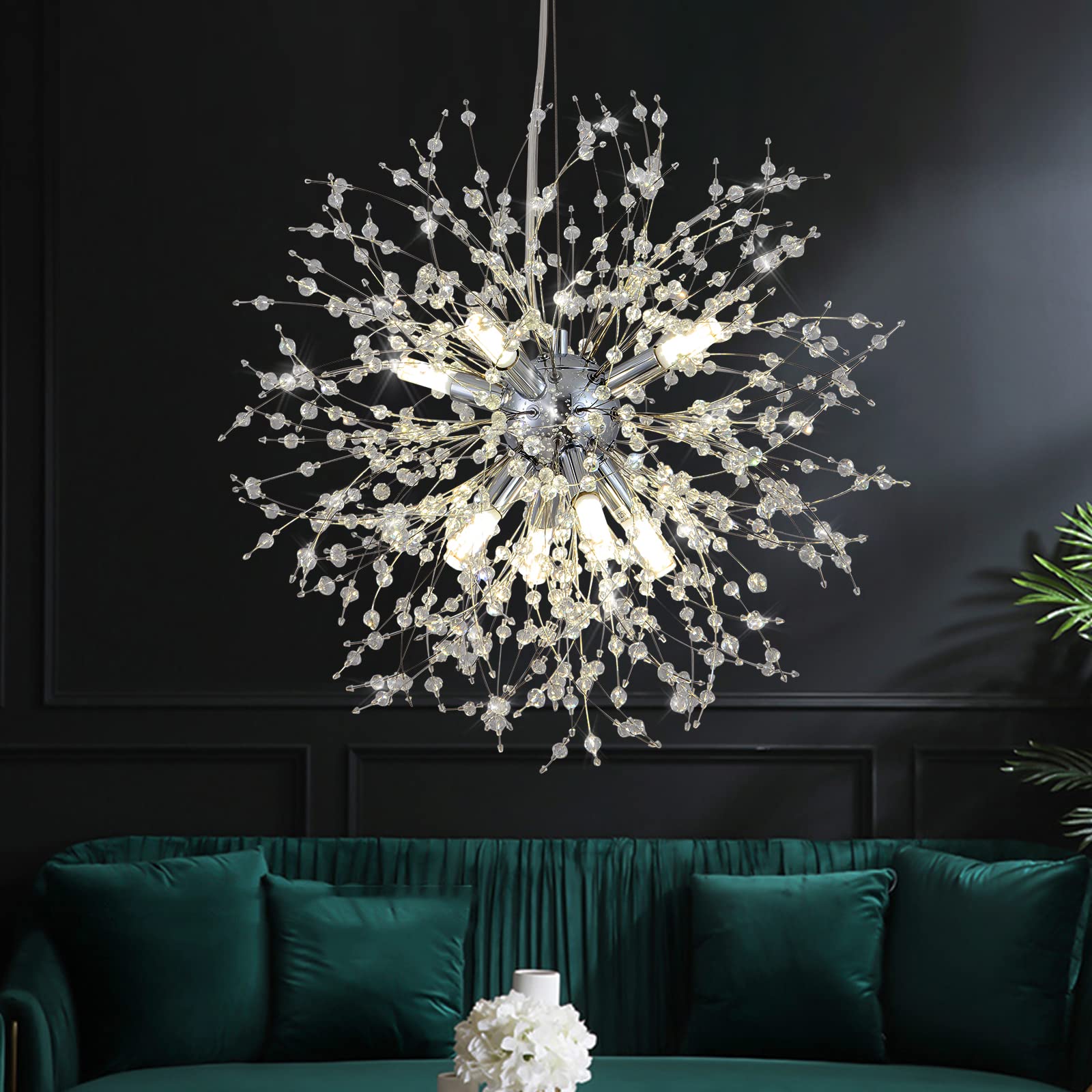 Modern Crystal Chandeliers Firework, Matt Black Dandelion Sputnik Ceiling Light Fixtures, Sputnik Chandelier Pendant Light for Bedroom Living Room Dining Room Kitchen Island Hallway