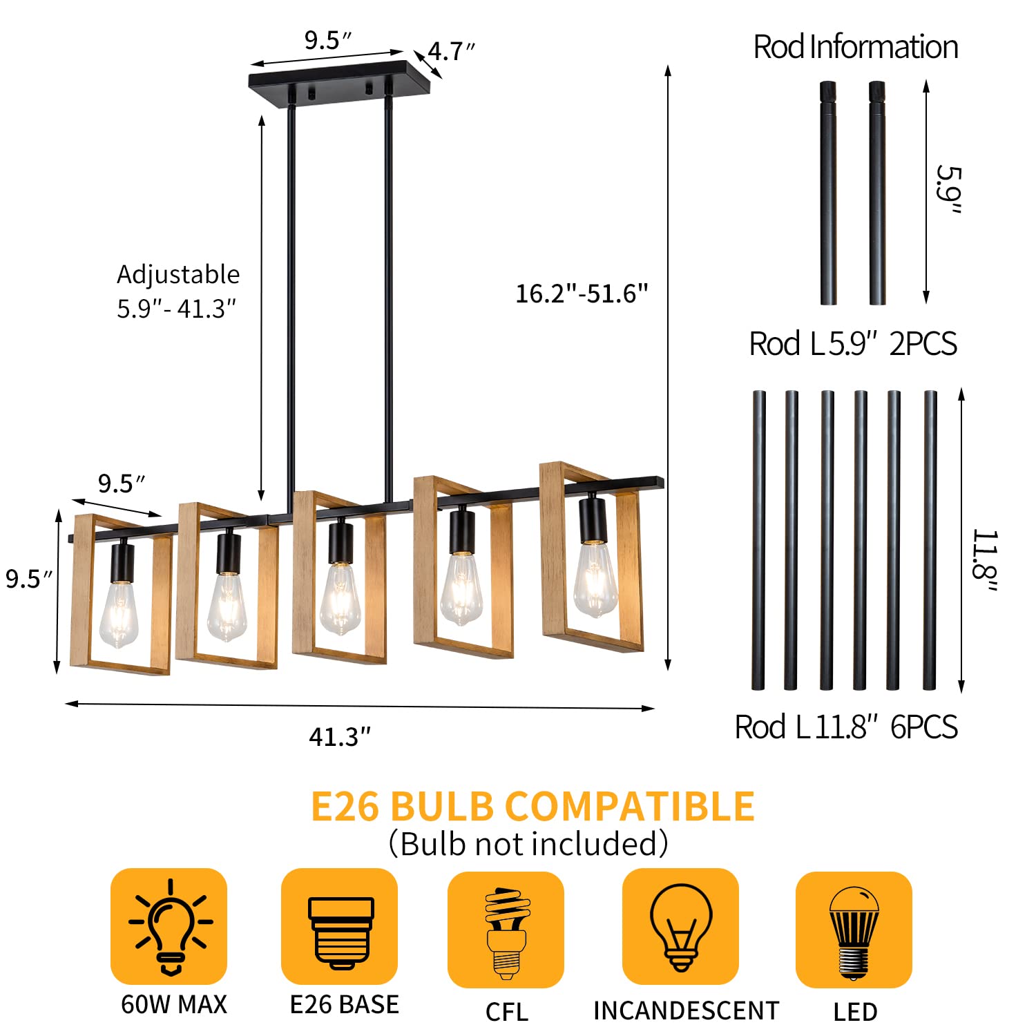 Farmhouse Kitchen Island Lighting Black Chandeliers for Dining Room Wooden Island Lights,Industrial Rectangle Light Fixtures Ceiling Hanging (4 Lights)