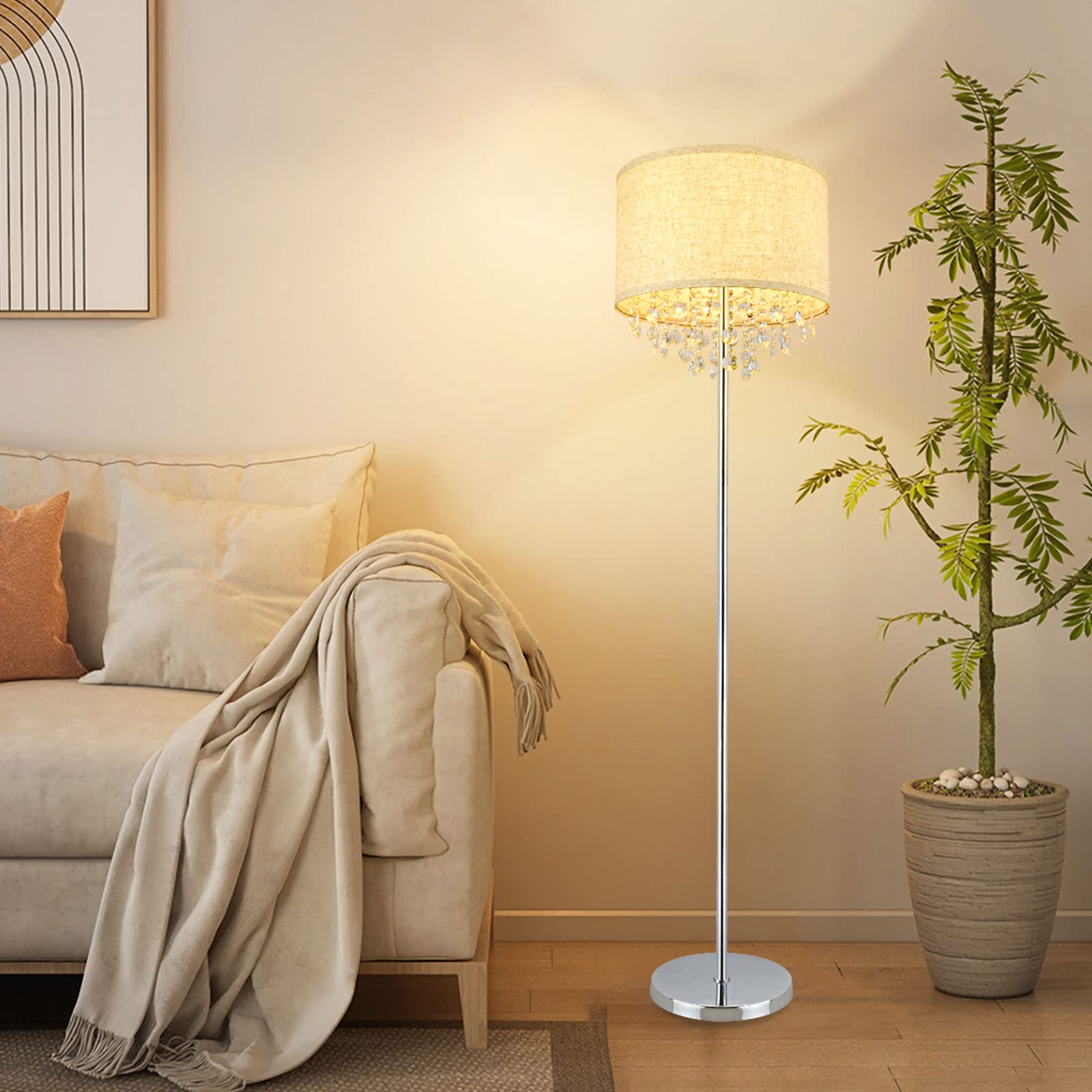 DLLT LED Floor Lamp for Living Room, Crystal Elegant Reading Standing Light for Kids Bedroom, Suit Mid Century, Modern & Farmhouse Rooms, Tall Pole with Fabric Drum Shade, Brass, E26 Warm Light