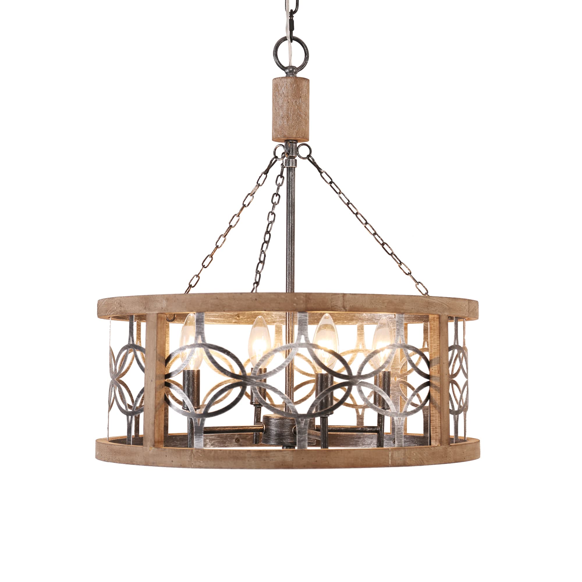 Rustic Farmhouse Chandelier, 4-Light Handmade Wood Pendant for Kitchen, Dining, Foyer, W19.7 x H21.6, Weathered Wood