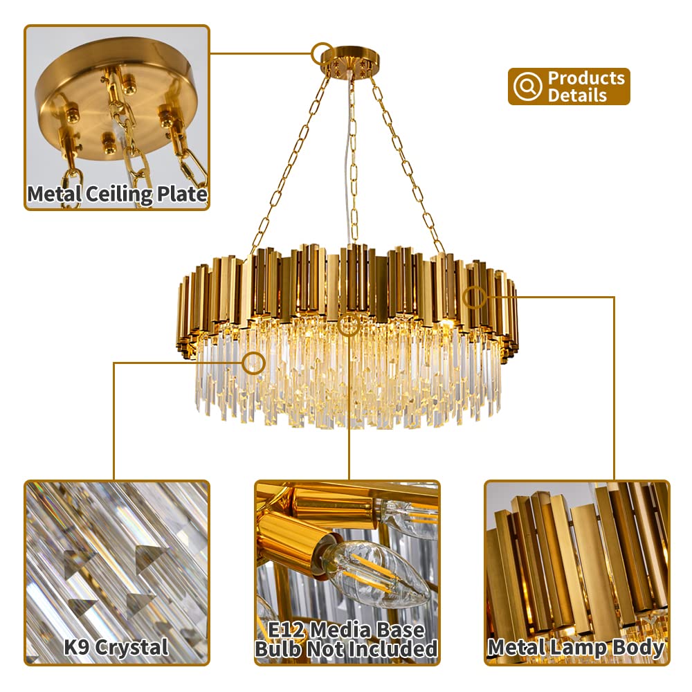 Modern K9 Crystal Pendant Lighting, Round Gold Crystal Chandelier Contemporary Luxury Pendant Ceiling Lighting Fixture for Dining Living Room Kitchen Island, Antique Gold