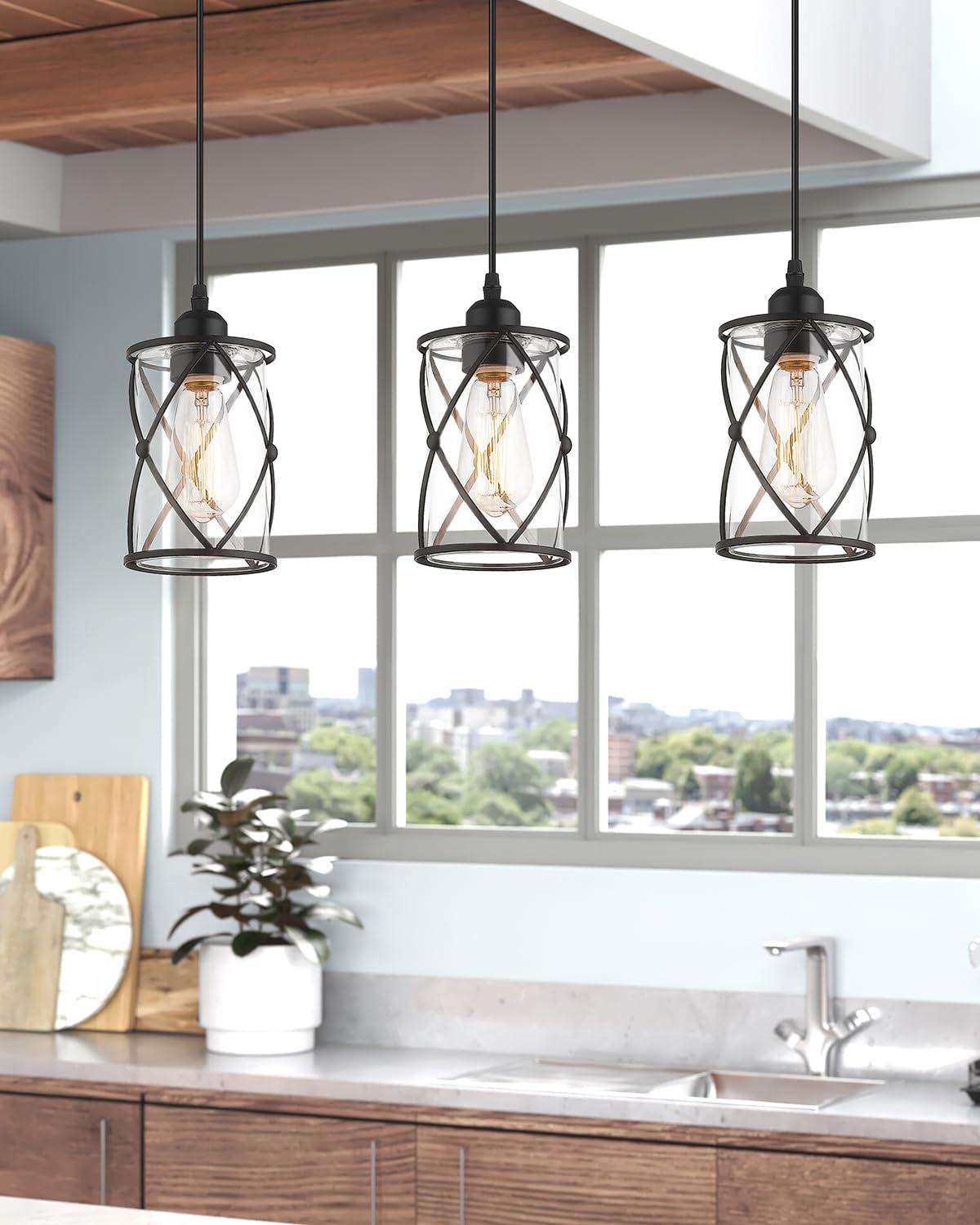 Brushed Gold Pendant Light Fixtures, 3-Light Modern Dining Room Cluster Pendant Light with Milky Glass, Mid Century Cage Hanging Pendant Lighting for Kitchen, Adjustable, CH9176BGW3