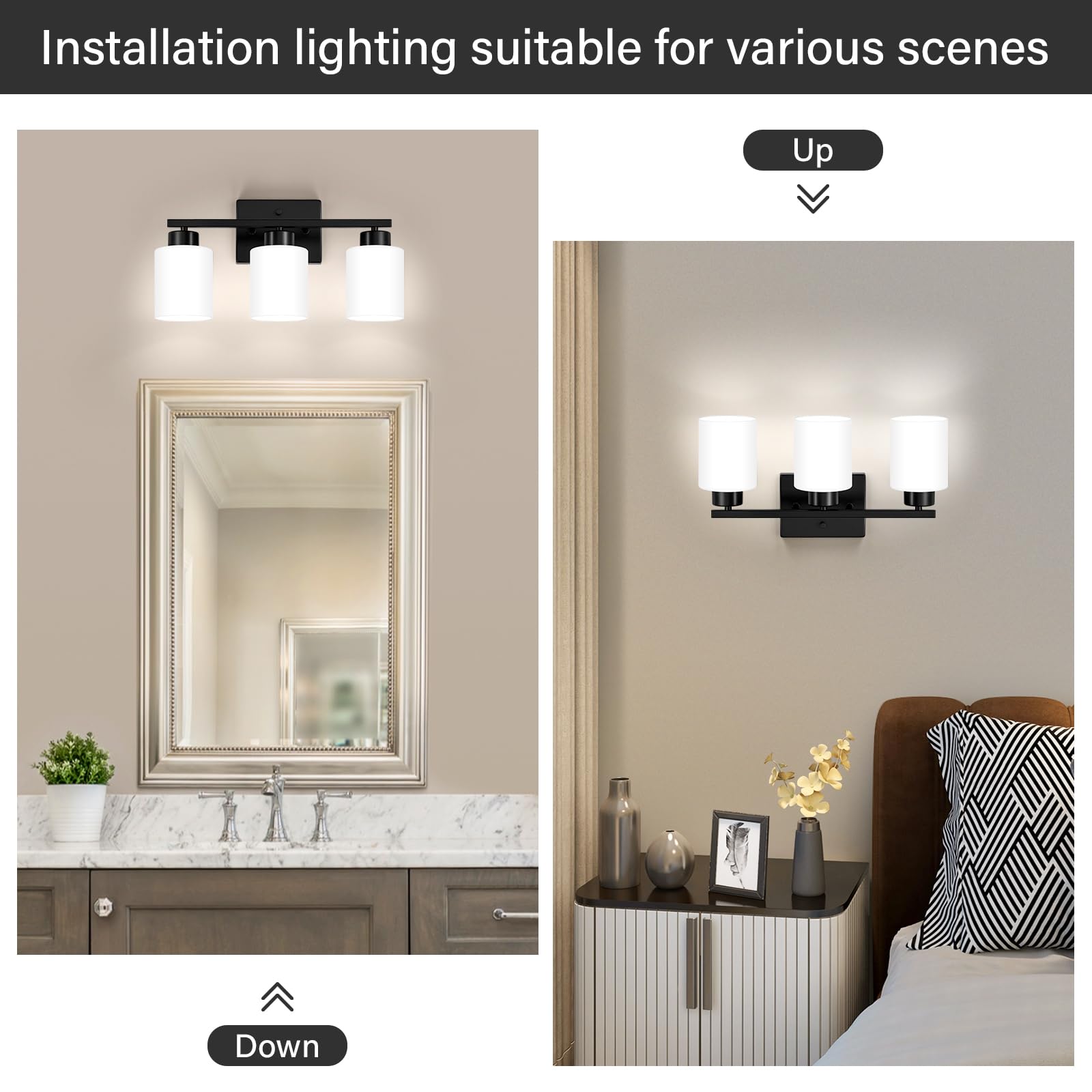 Brushed Nickel Bathroom Light Fixtures, 3-Light Modern Vanity Light Over Mirror, Wall Sconces with Milky White Frosted Glass Shades, E26 Socket (Bulbs Not Included)