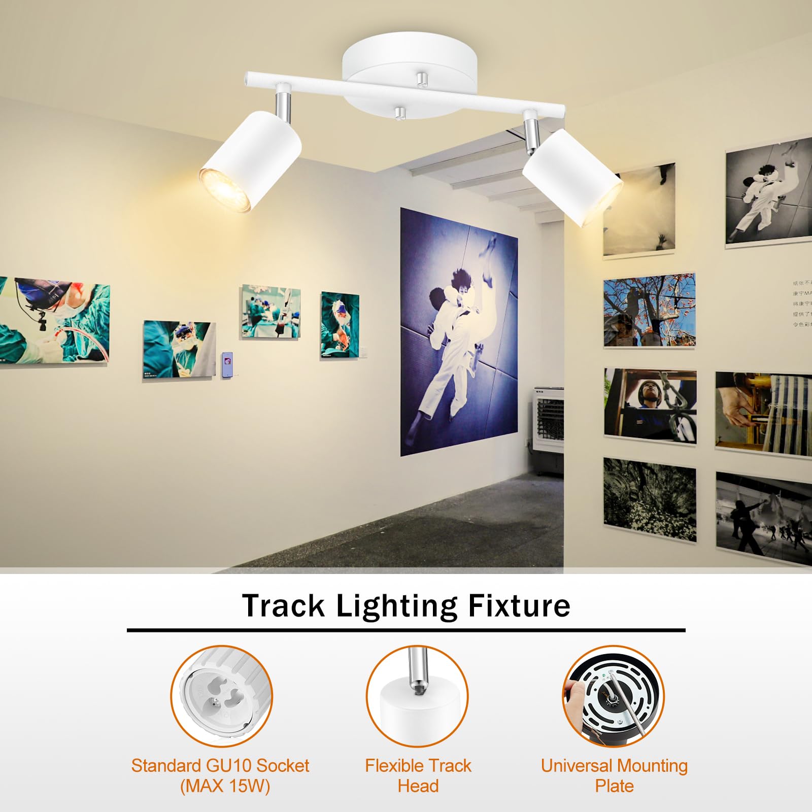 LED 2 Light Track Lighting Kit, Black 2 Way Ceiling Spot Lighting, Flexibly Rotatable Light Head for Kitchen, Living Room, Bedroom, GU10 Bulb Not Included