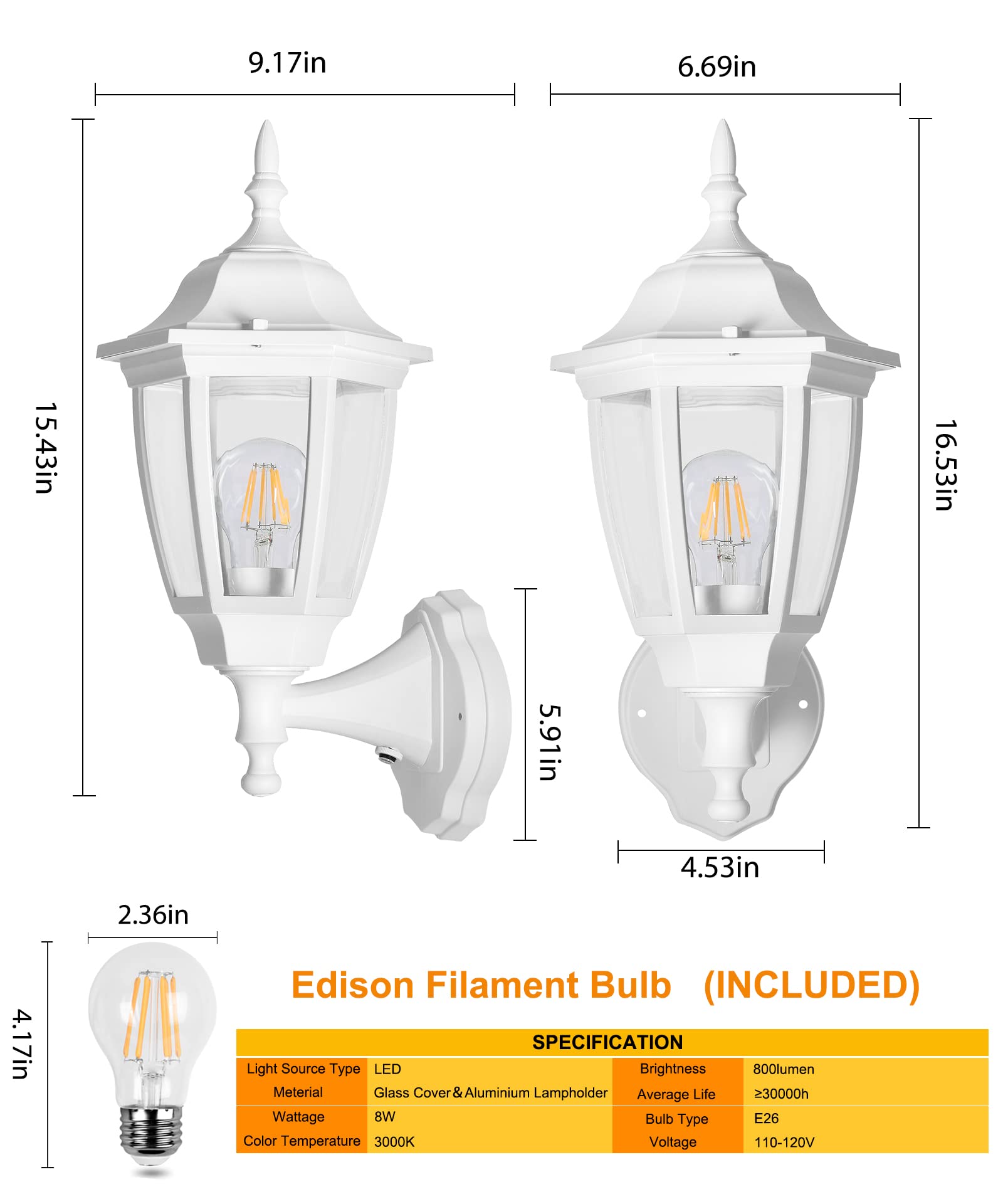 Outdoor Wall Light Dusk to Dawn, Porch Sensor Light White Plastic Anti-Corrosion with LED Edison Filament Bulb, Exterior Mount Lantern for House, Garage (1-Pack), FDS2542PS-W