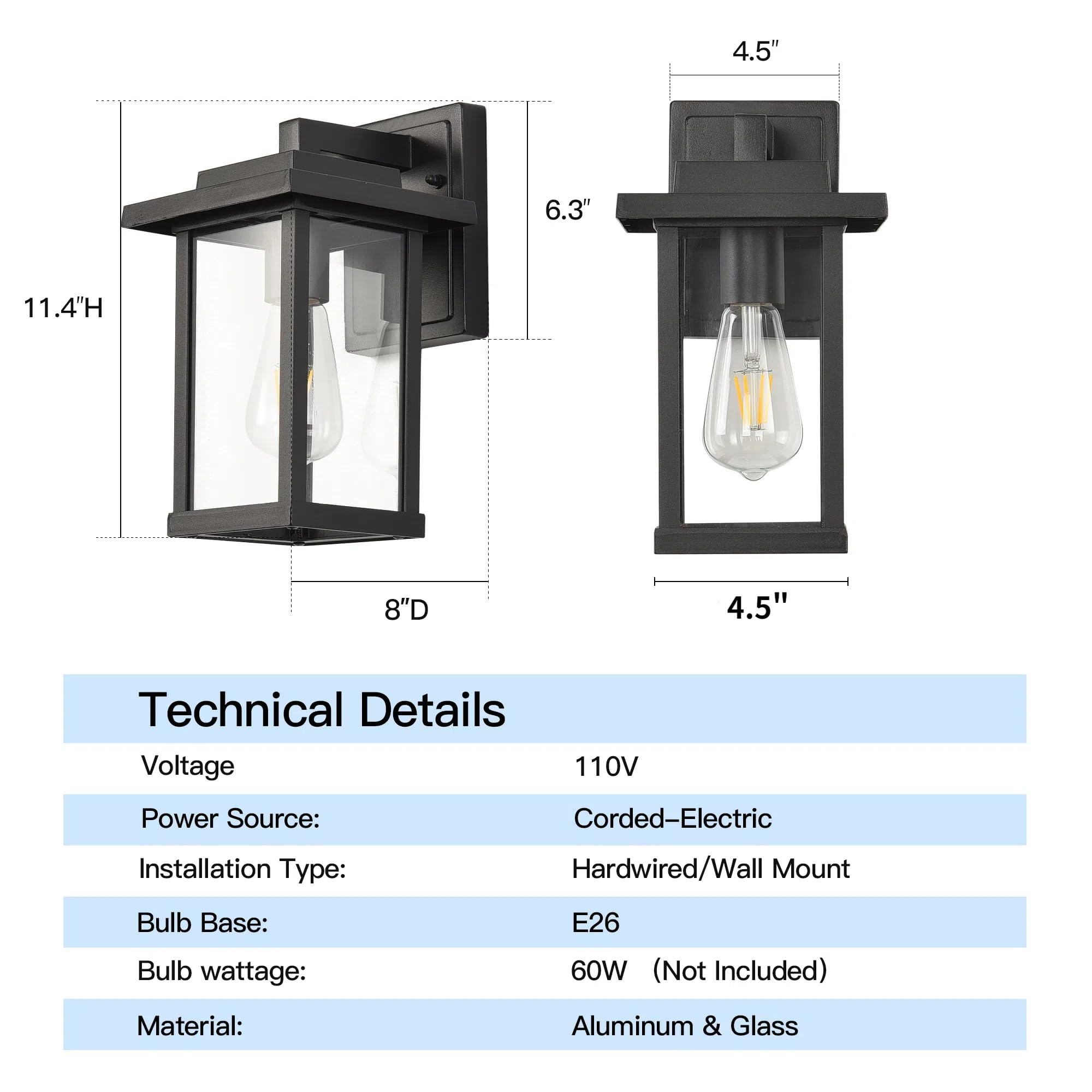 Outdoor Wall Light Fixtures, Modern Exterior Wall Mount Lanterns, Outside Wall Sconces in Black Finish with Clear Glass for Porch Patio Farmhouse, 2-Pack