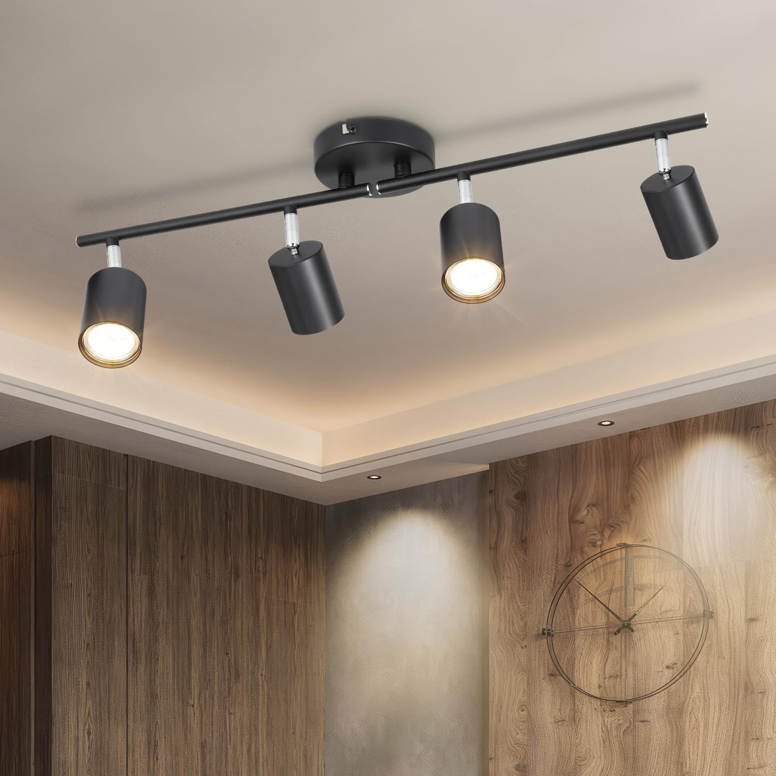 4-Light Track Lighting - Black 4 Way Ceiling Spot Lighting with Rotatable & Detachable GU10 Light Head - Flush Mount Modern LED Track Light Kit for Kitchen Cabinet Gallery Bar Office