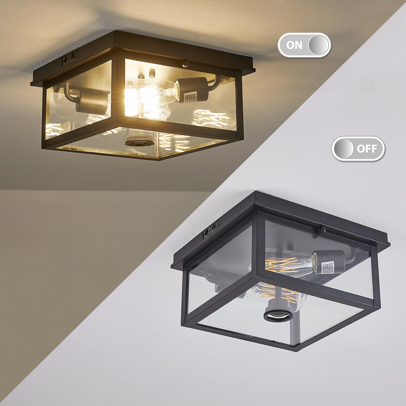 Adjustable Motion Sensor Ceiling Light Fixture Outdoor Modern Design of Squares Flush Mount 2-Light Textured Black with Clear Glass for Your Porch,Garage,Patio,Hallway,Front and Back Yards