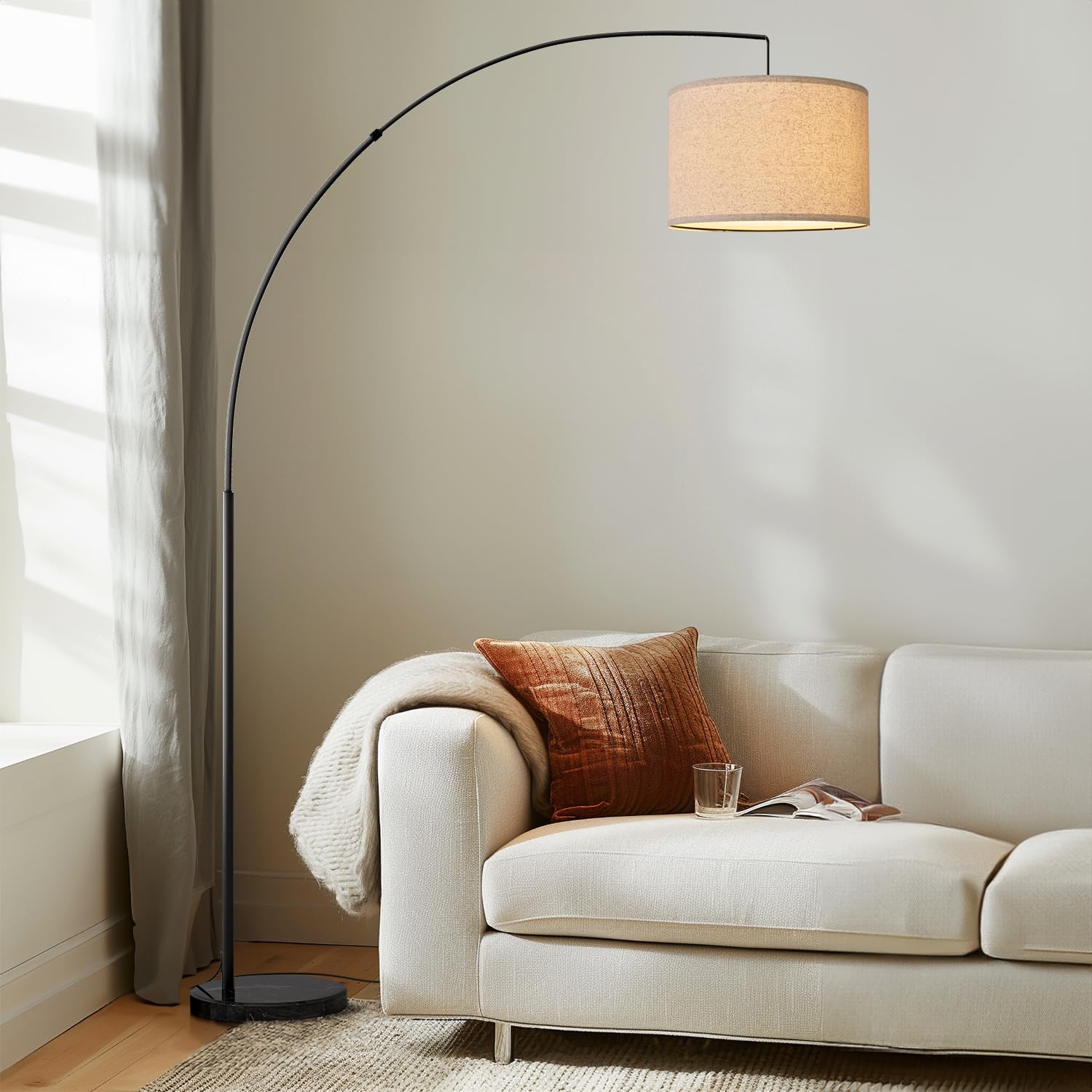 Modern Arc Floor Lamp for Living Room Arching Hanging Lamp Shade Over The Couch for Reading Bedroom Office Brushed Steel Arch Standing Floor Light Silver