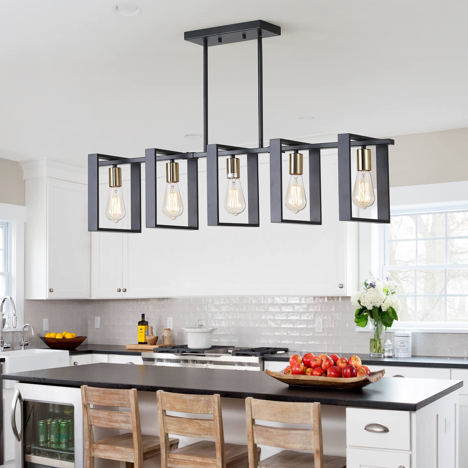 9MMML 3 Lights Kitchen Island Lighting, Modern Rectangle Linear Pendant Light, Black Frame+ Gold Socket Chandelier for Dining &Living Room Foyer Entryway Hallway,E26,Height Adjustable.