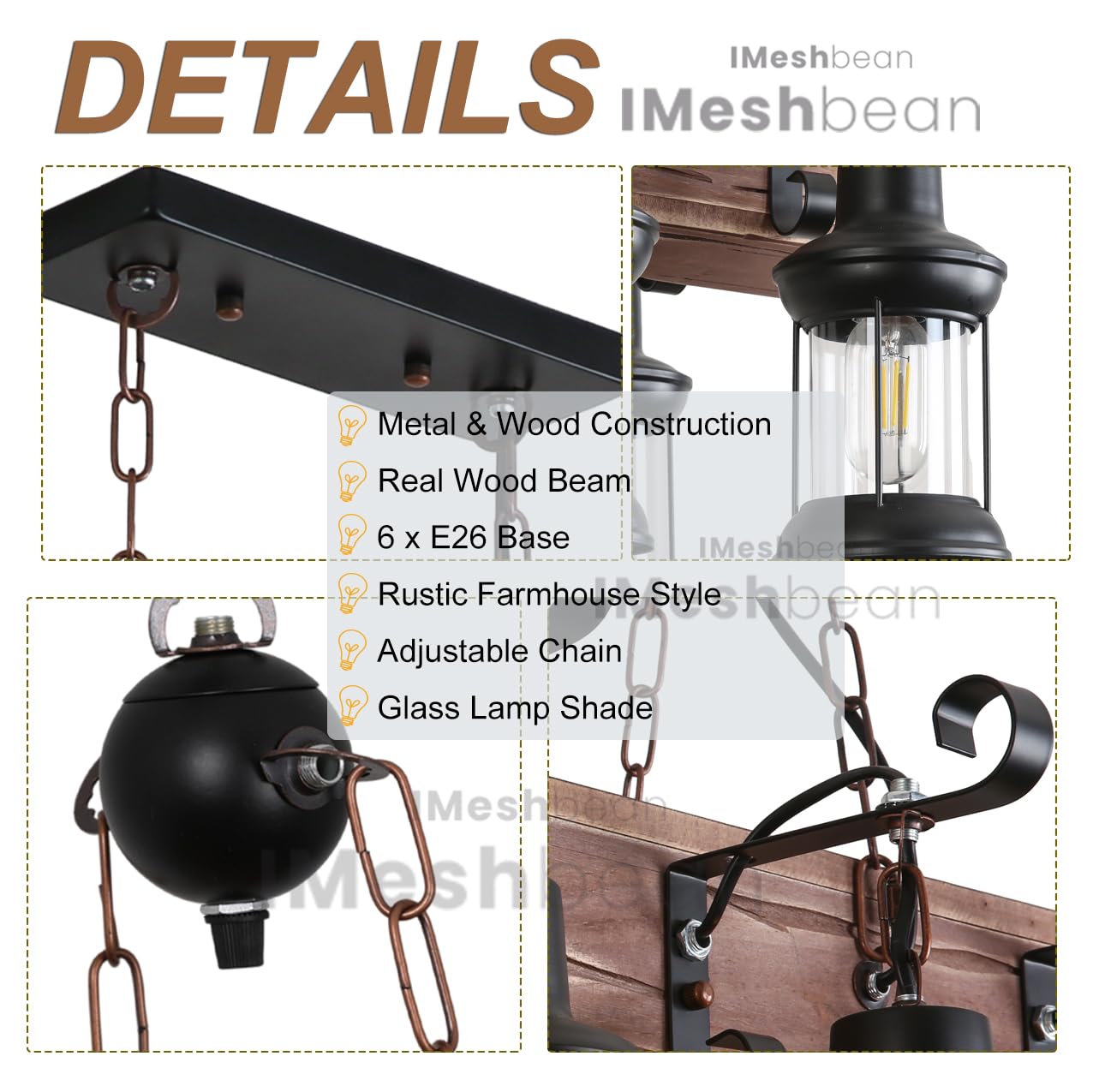 Rustic Chandelier Farmhouse Rustic Light Fixtures for Dining Room Kitchen Island, Industrial Wooden Hanging Lights Ceiling Light Fixture for Game Room Bar Coffee Pool Table (8-Light)