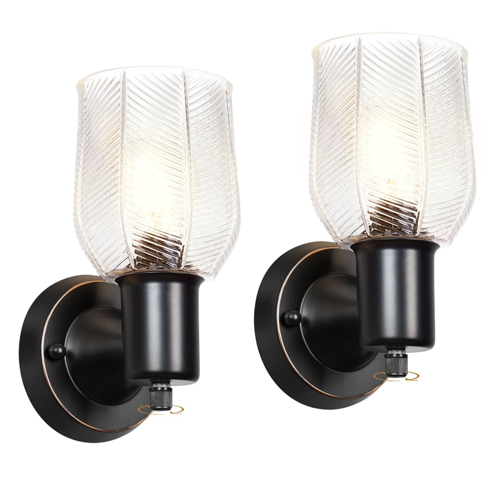 Wall Sconces Set of 2, Matte Black Vanity Lights for Bathroom, Modern Wall Light Fixtures with Rotary Switch, Wall Mount Light with Frosted Glass, Farmhouse Wall Lamp for Bedroom Mirror Living Room