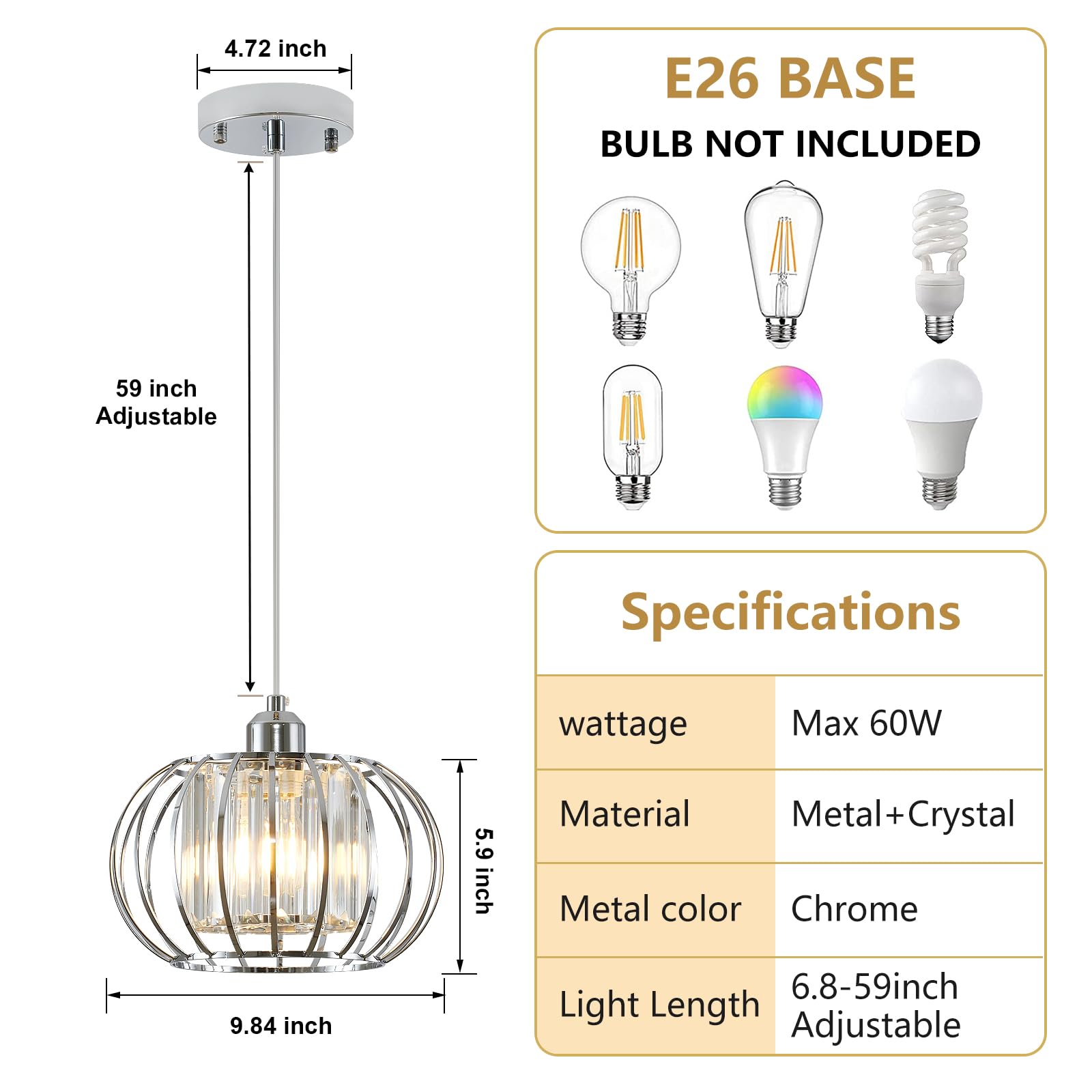 Gold Pendant Light Fixture, Modern Crystal Pendant Lights Kitchen Island, 1-Light Farmhouse Mini Chandelier, Adjustable Brass Hanging Light Fixture for Hallway, Bedroom, Dining Room