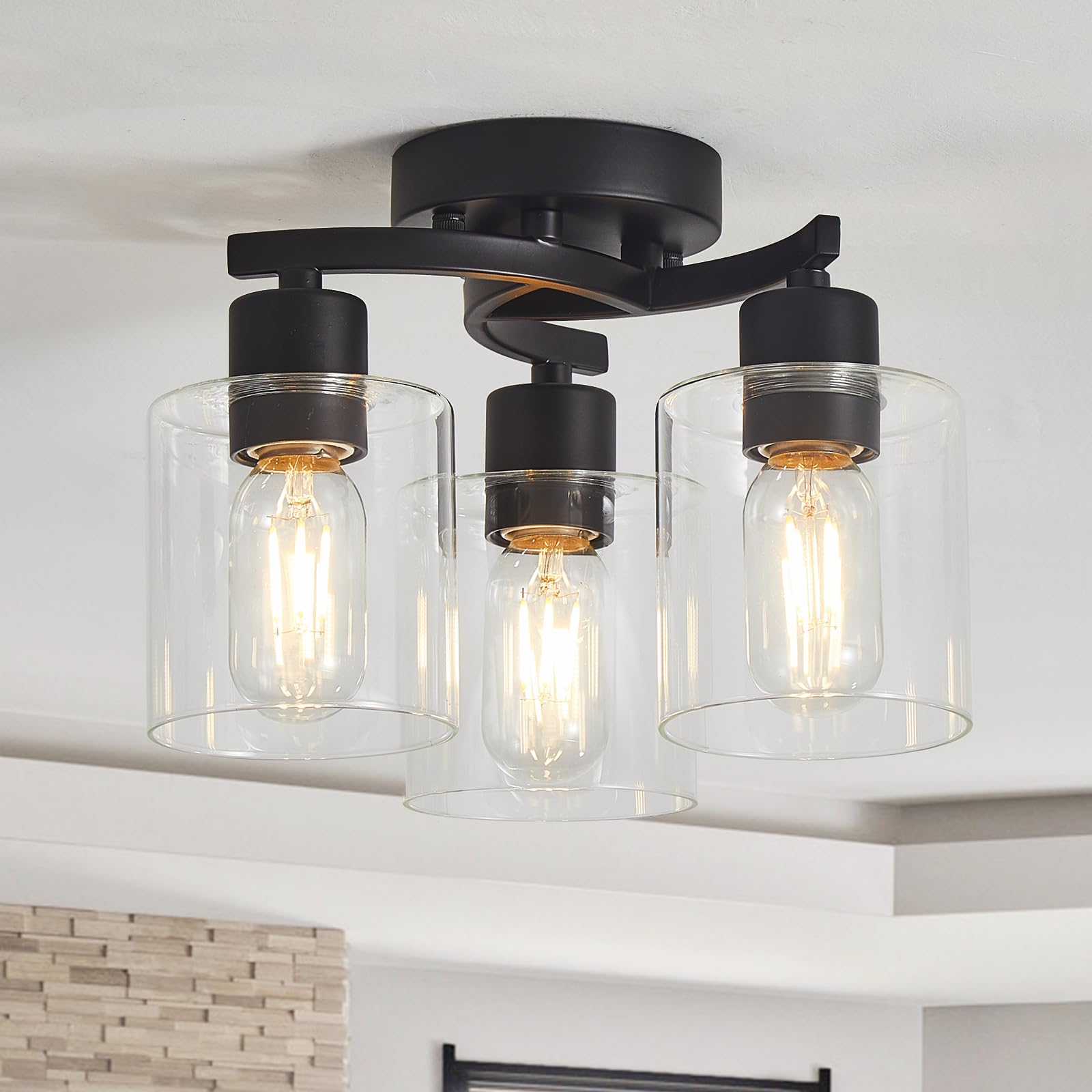 Semi Flush Mount Ceiling Light, 3-Light Close to Ceiling Light Fixtures, Black Kitchen Light Fixtures with Clear Glass Shades, Hallway Light Fixtures Ceiling Mount for Foyer Entryway