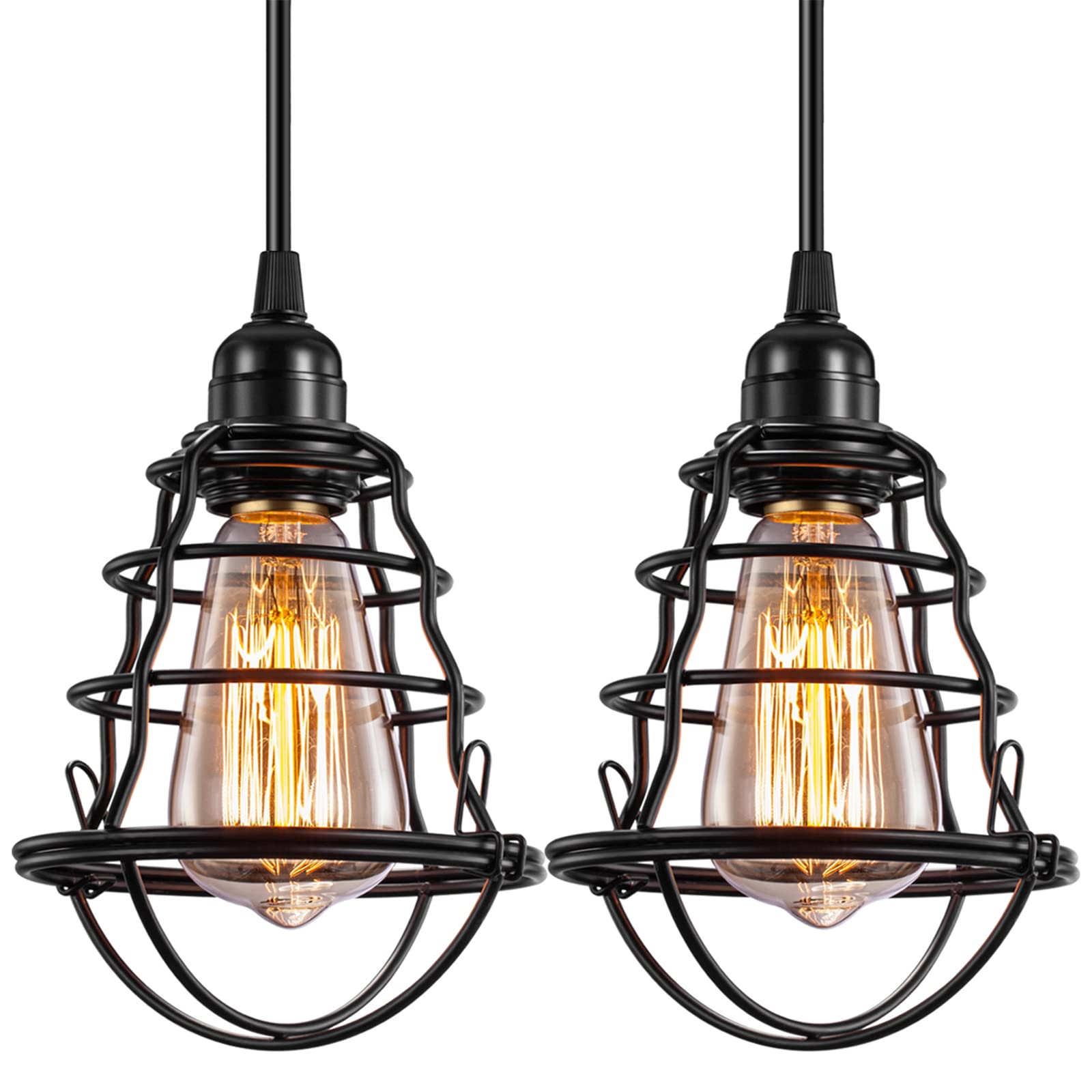 Industrial Pendant Light INNOCCY Edison Hanging Cage Pendant Lights E26 E27 Base Vintage Adjustable Pendant Lamp Fixture for Kitchen Home Lighting 2 Pack