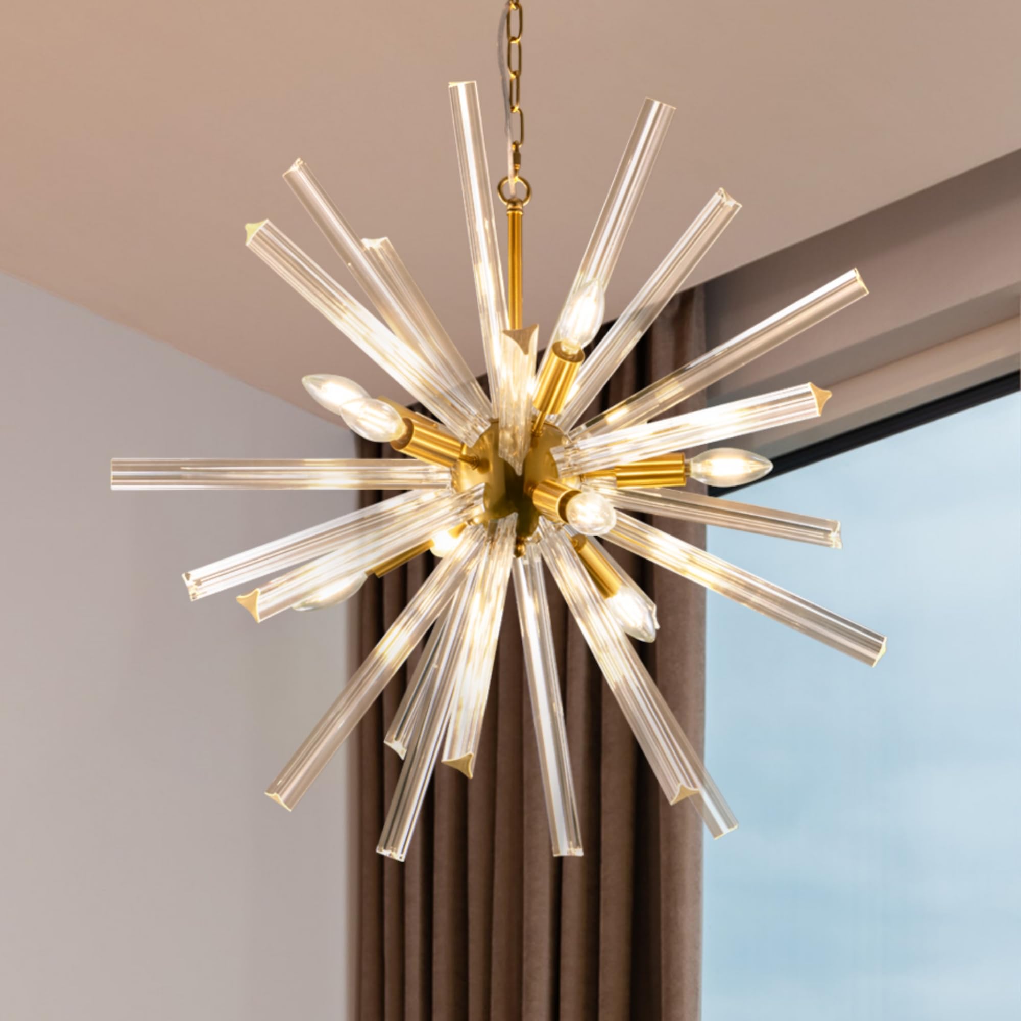 Modern Gold Chandelier 9 Lights, Hanging Glass Chandelier Globe Ceiling Lights Sputnik Chandelier Over Table for Dining Room, Living Room, Bedroom, Foyer