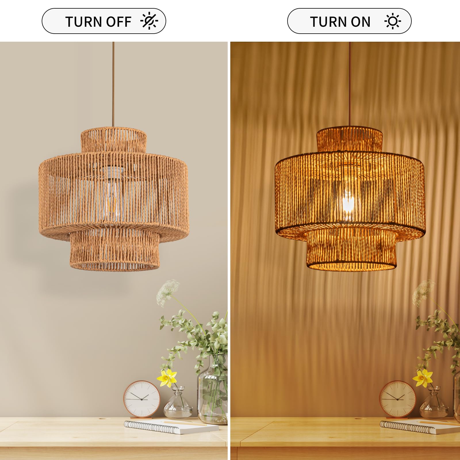 Rattan Pendant Light Fixture Basket Hanging Drum Chandelier Basket Light White Boho Ceiling Light Flush Mount Ceiling Light Woven Kitchen Chandelier for Dinning Room Hallway Bedroom Chandelier