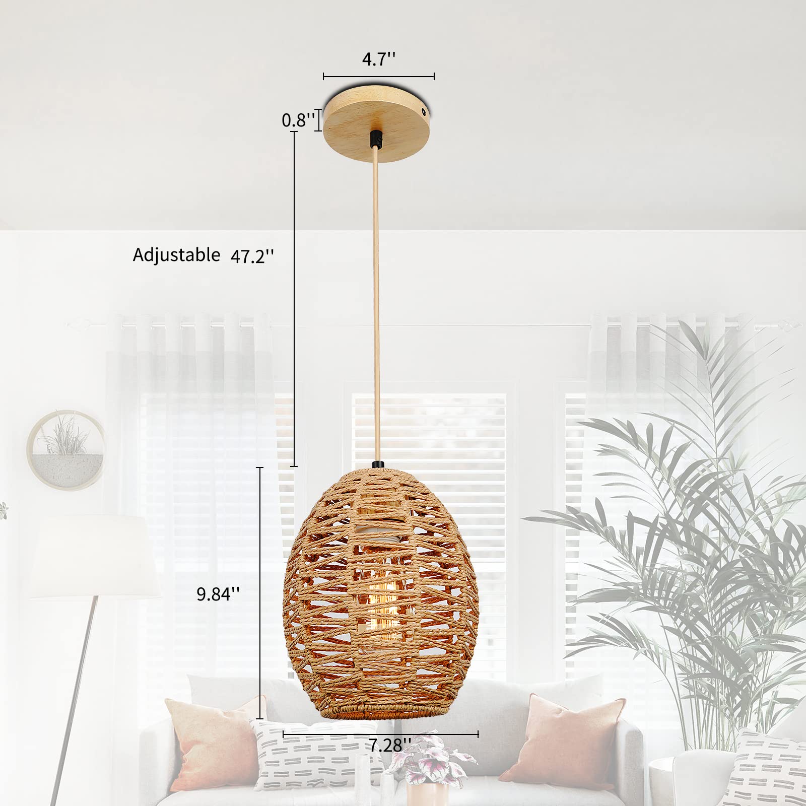 Pendant Lights Kitchen Island - Rattan Hanging Lamp Woven Lights Adjustable Boho Chandelier Hanging Light Basket Light Fixture for Farmhouse Bedroom Living Room