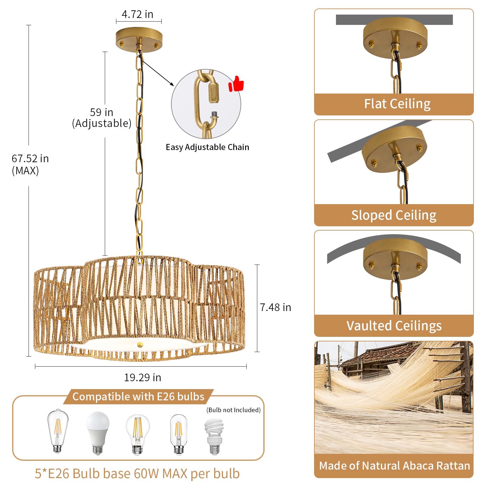 4-Light Rattan Semi Flush Mount Ceiling Light, 15" Boho Light Fixture with Hand-Woven Rattan Shade in Quatrefoil Shape, Farmhouse Boho Chandelier Wicker Light Fixture for Kitchen Bedroom Foyer