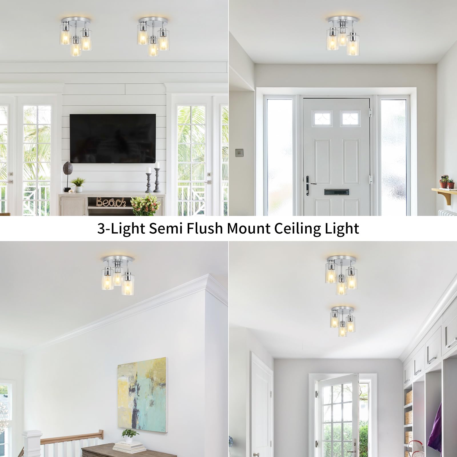 Semi Flush Mount Ceiling Light 3-Light Brushed Nickel Flush Mount Ceiling Light Fixtures with Clear Glass Shade, Modern Kitchen Ceiling Light for Bedroom Stairs Porch Hallway Entryway