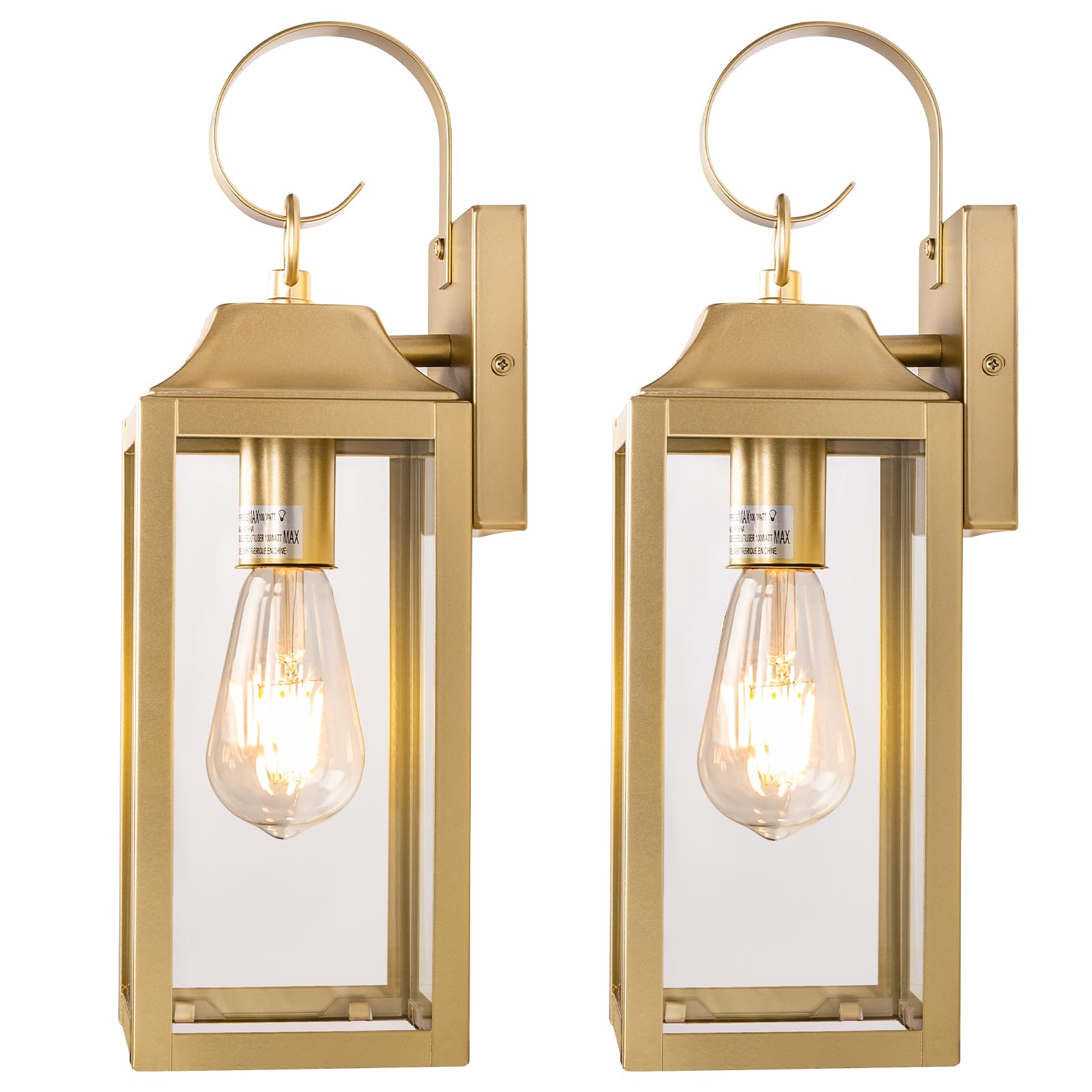 2 Pack Outdoor Light Fixtures Wall Mount, 15 Inch Gold Exterior Wall Sconces Waterproof, Large Outside Lights for House, Modern Wall Lanterns Clear Glass