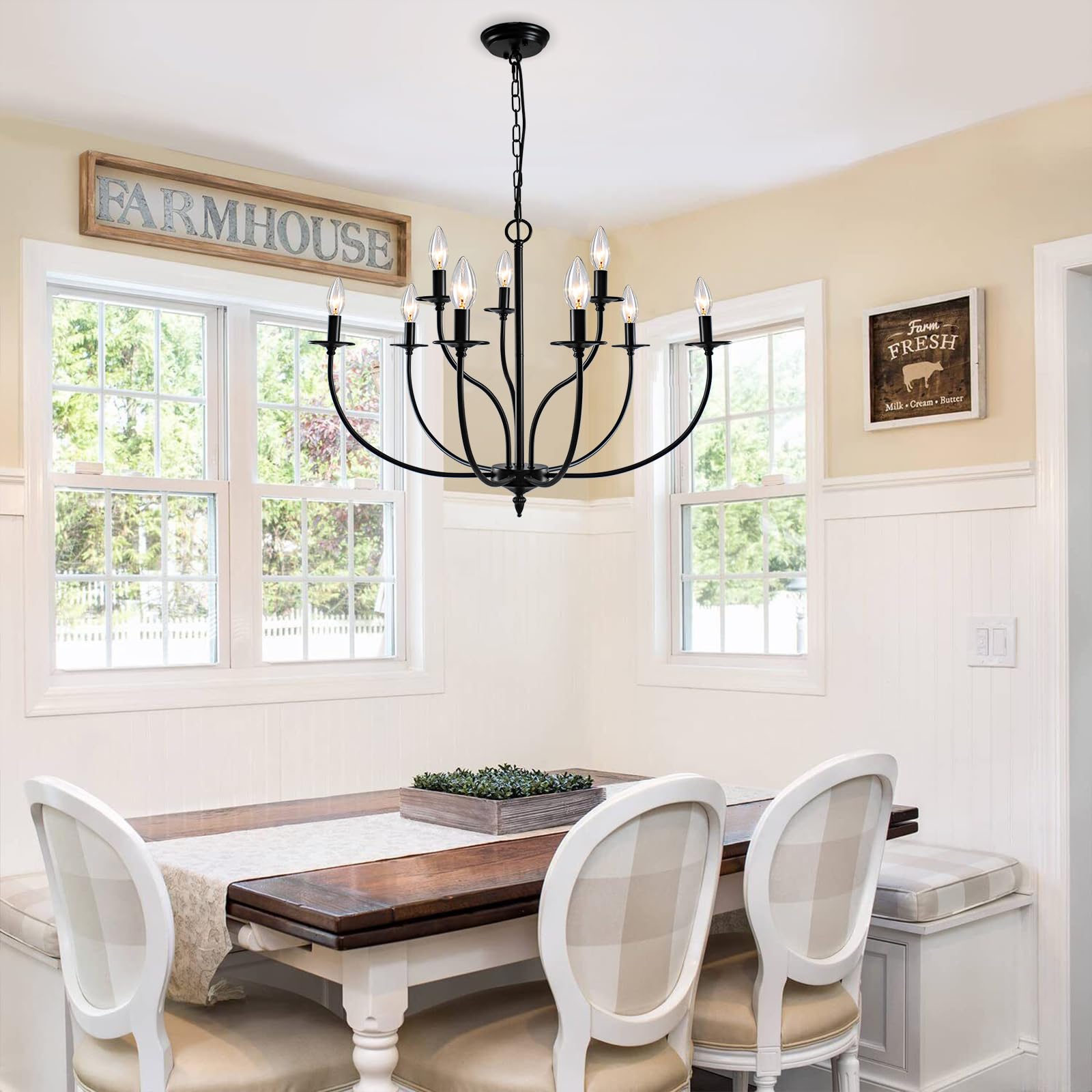 Chandelier, 6-Light Antique White Farmhouse Chandelier for Dining Room Lighting Fixtures Hanging, Candle Hanging Pendant Lights for Kitchen Living Room Bedroom Foyer