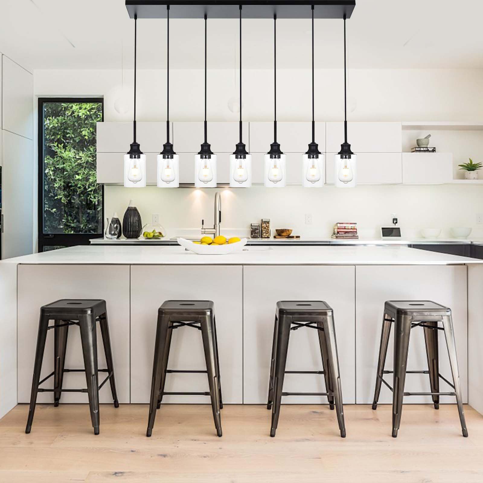 3-Light Kitchen Island Pendant Light Fixtures Hanging Black Farmhouse Pendant Lighting Cluster with Clear Glass Shade, Modern Industrial Linear Chandeliers Light for Dining Room Foyer Hallway