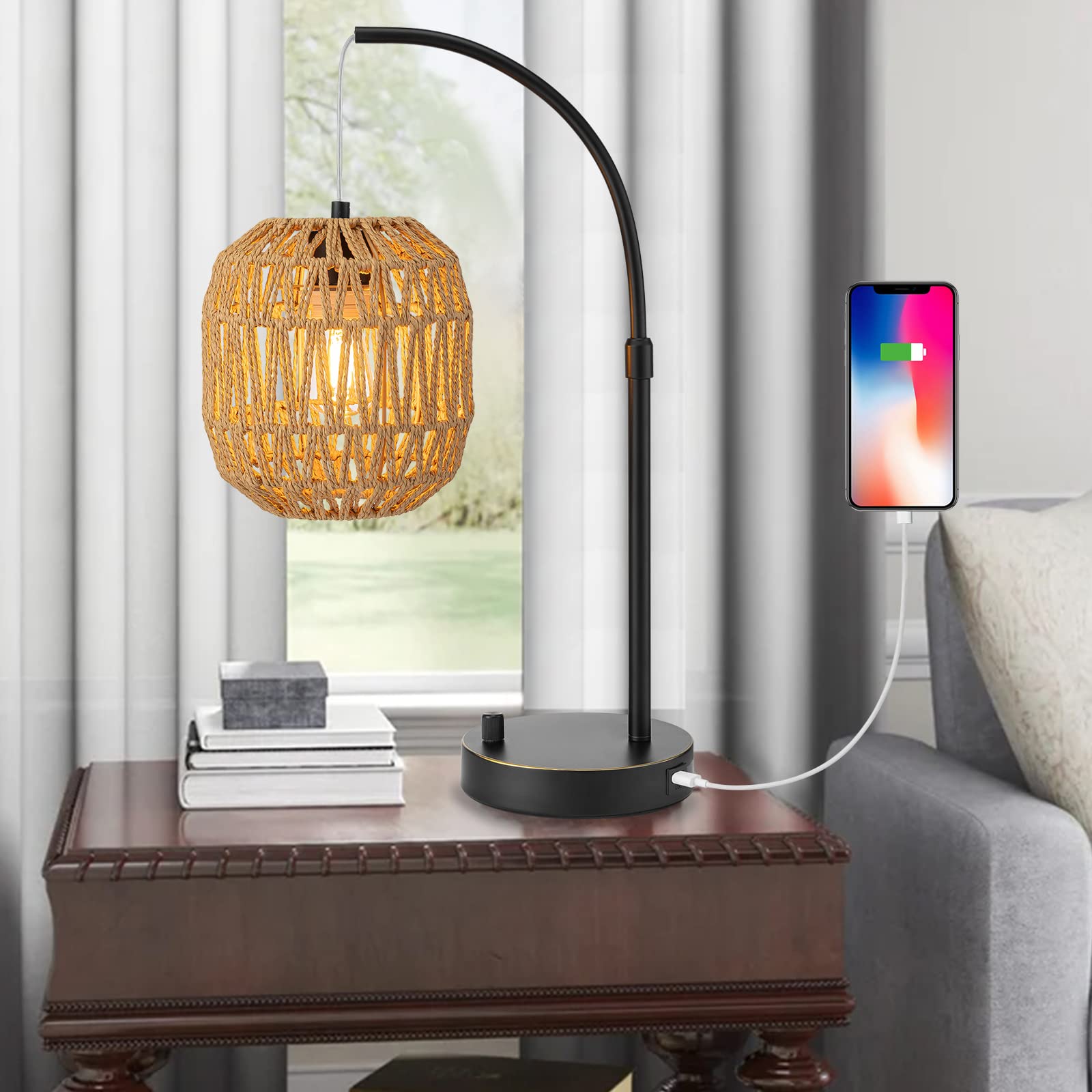 Tall Industrial Table Lamp for Bedroom with USB Port, Charging Farmhouse Coastal Lamps Black with Rattan Lamp Shade Edison Bedside Nightstand Lamp Boho Side Table Desk Lamps for Home Office