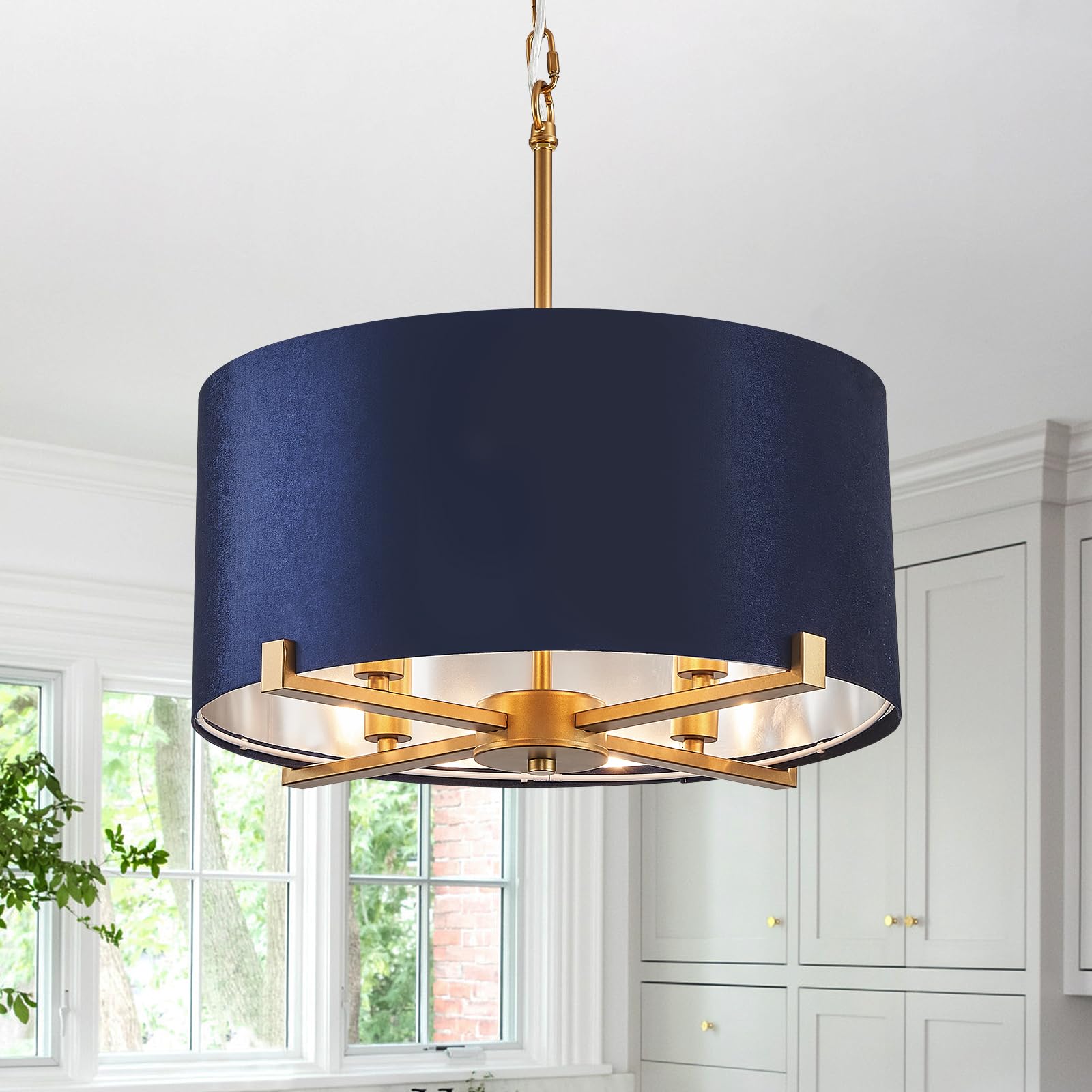 Chandelier,Drum 18” Round Ceiling Pendant Light Velvet Fabric Shade with Gold 4 Lights Fixtures Modern Semi Flush Mount Hanging Chandelier for Bedroom Foyer Hallway Dining Room