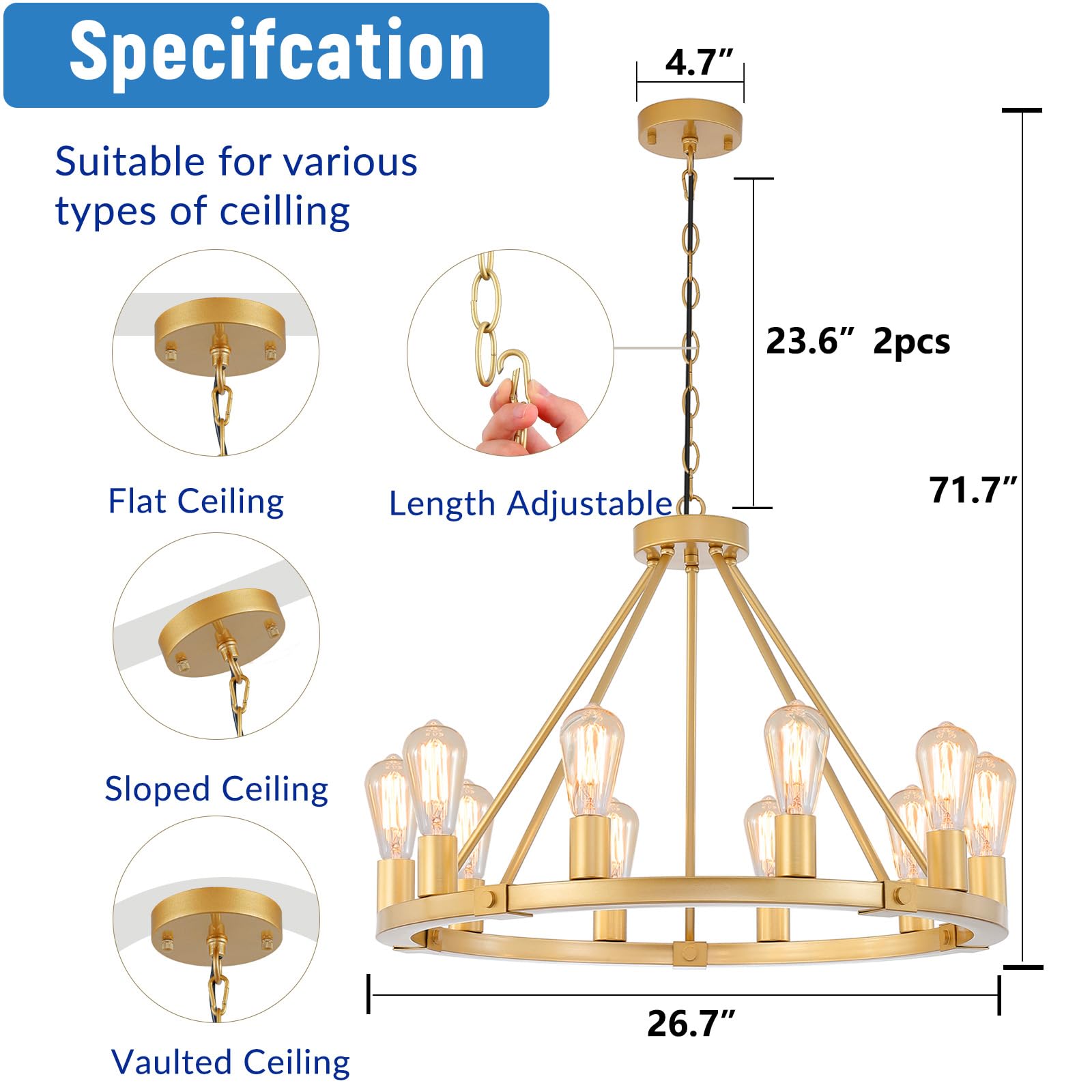 Gold Wagon Wheel Chandelier, 12-Light Industrial Pendant Light, 31.5'' Farmhouse Ceiling Hanging Chandelier Light Fixture for Living Room, Bedroom, Entryway, Foyer